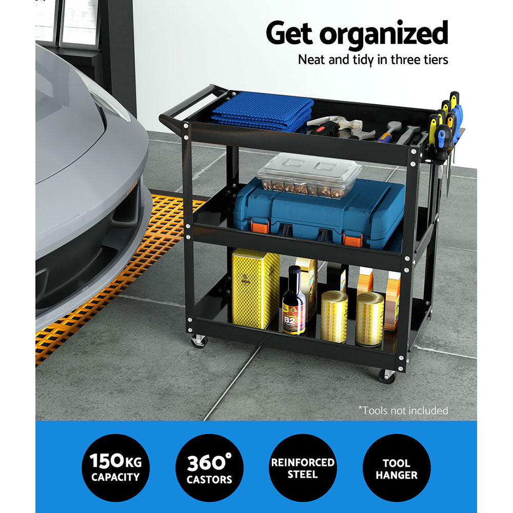 Giantz 3-Tier Tool Cart Trolley Workshop Garage Storage Organizer Black TB-CART-3L-BK