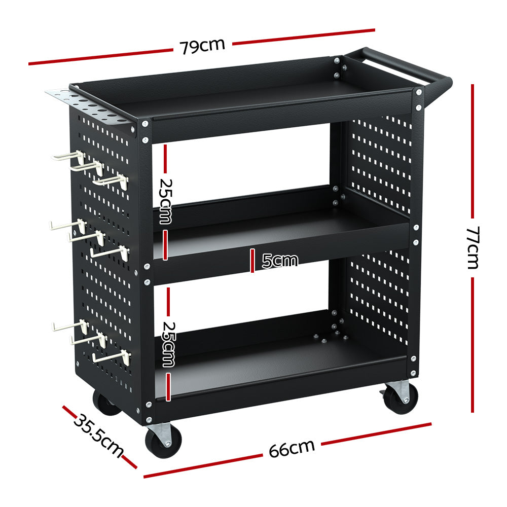 Giantz 3-Tier Tool Cart Storage Trolley Workshop Garage Pegboard Hooks Black TB-CART-3T-N-BK
