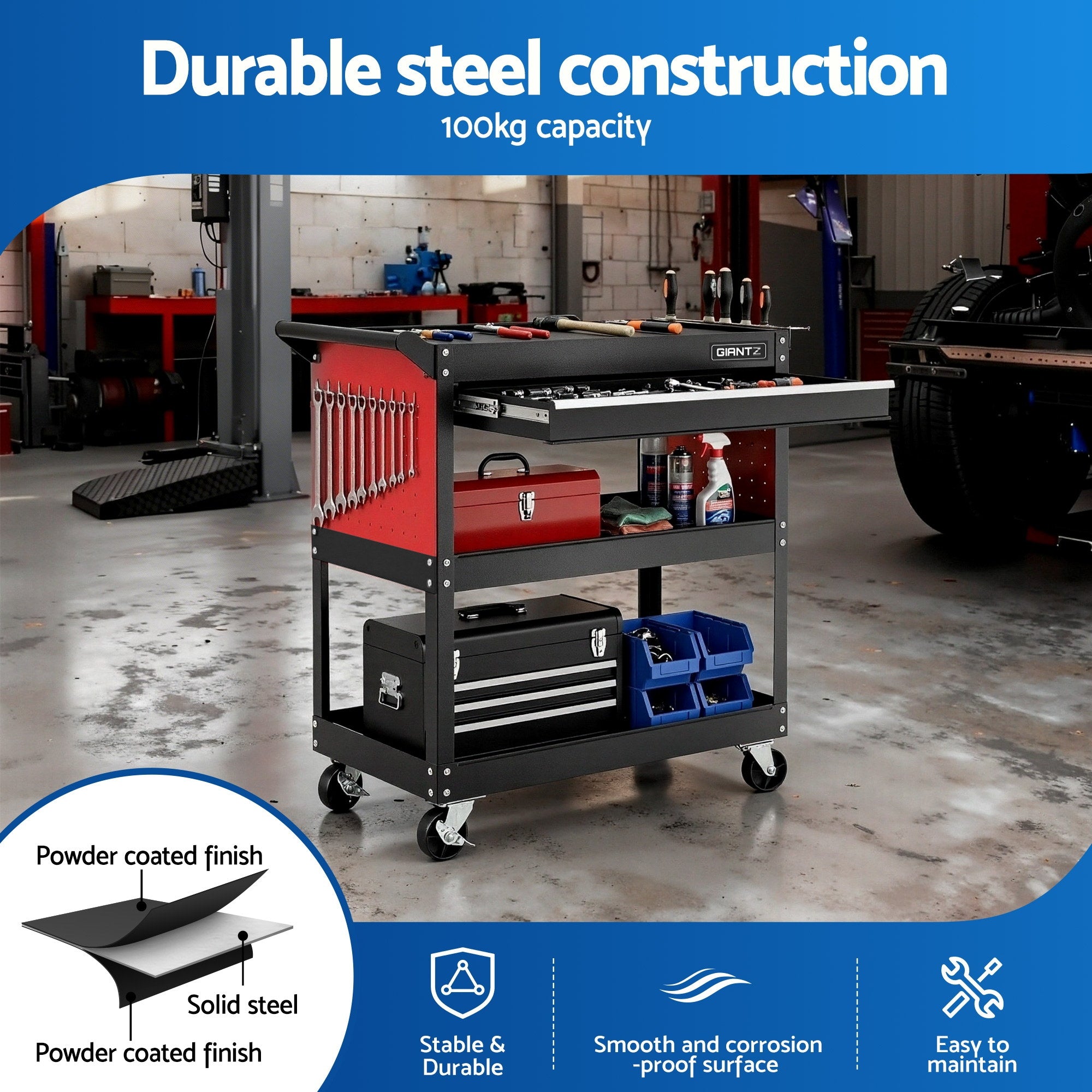 Giantz Tool Trolley Cart Rolling Cabinet with Drawer Workshop Garage Storage TB-CART-DW-BK