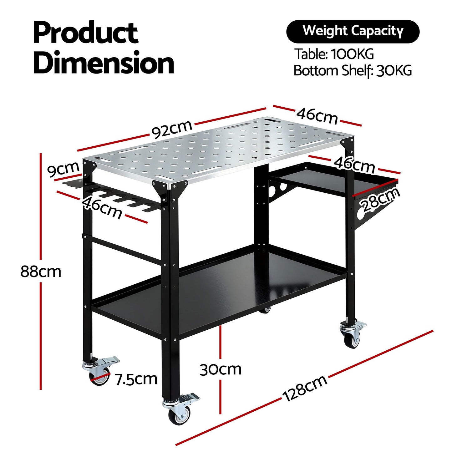 Giantz Welding Table Cart with Tool Storage 130KG Capacity Mobile Workstation TB-WT-1057-BK