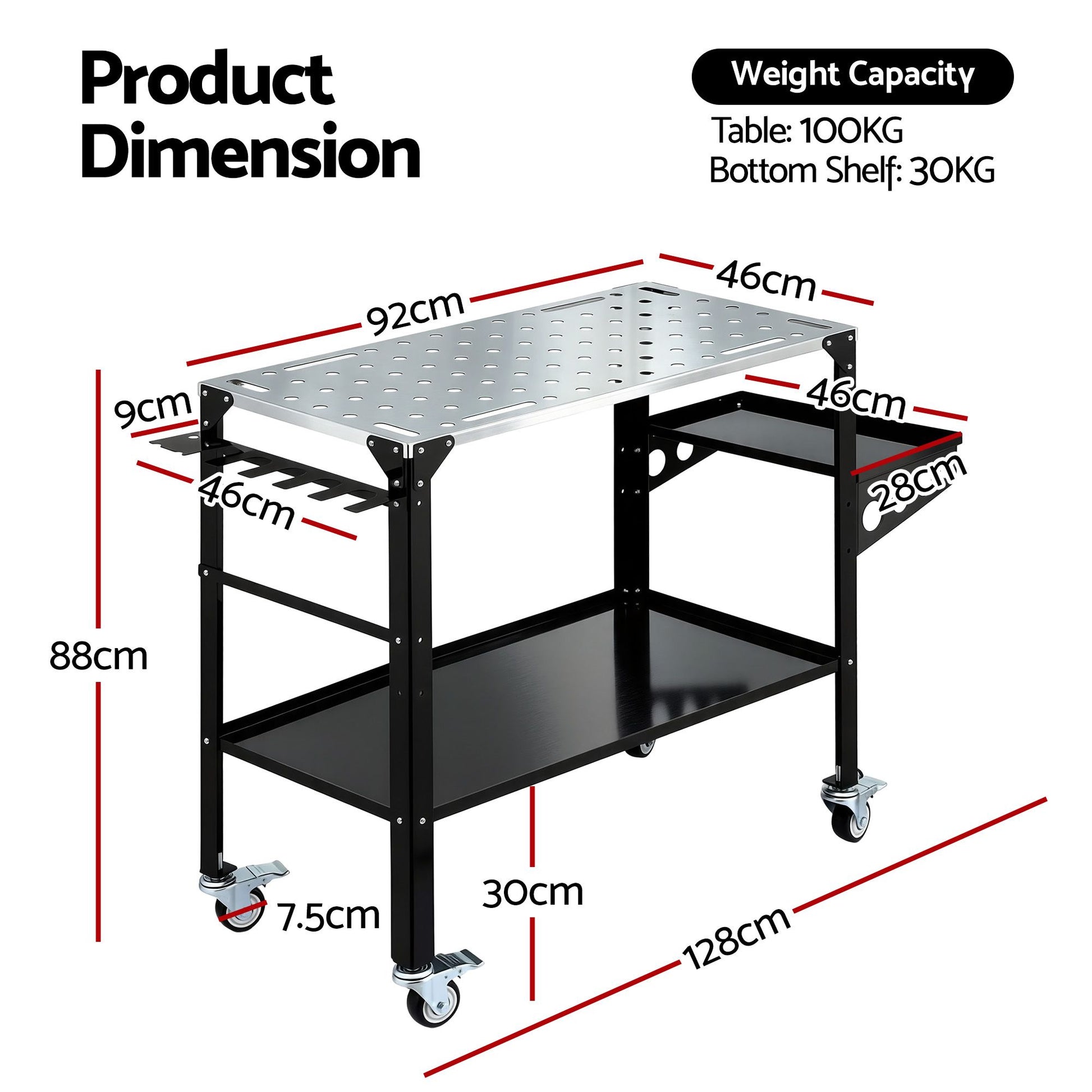 Giantz Welding Table Cart with Tool Storage 130KG Capacity Mobile Workstation TB-WT-1057-BK