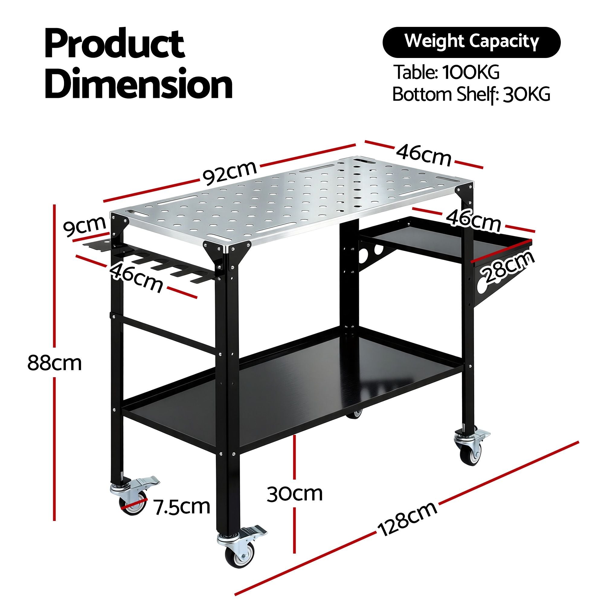 Giantz Welding Table Cart with Tool Storage 130KG Capacity Mobile Workstation TB-WT-1057-BK