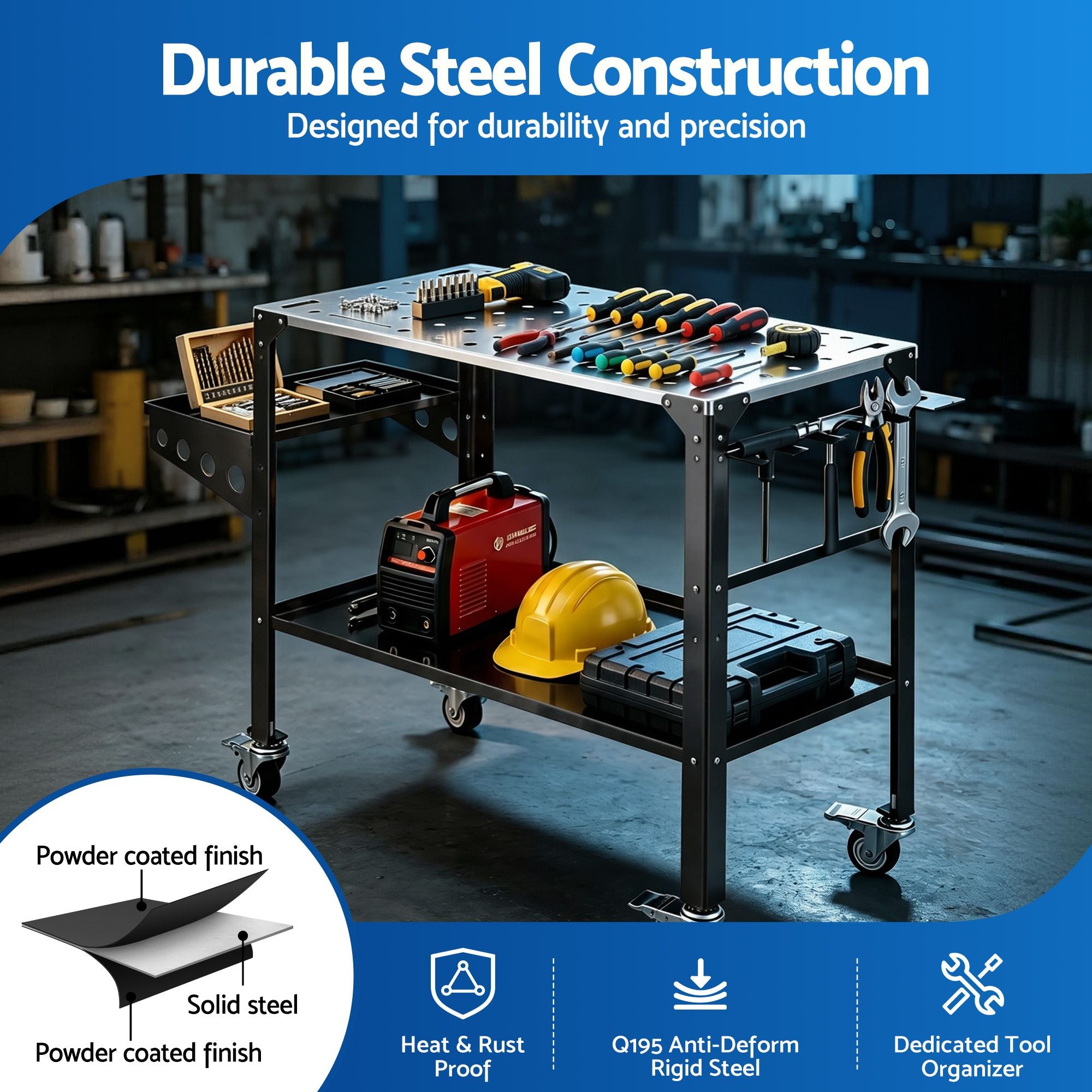 Giantz Welding Table Cart with Tool Storage 130KG Capacity Mobile Workstation TB-WT-1057-BK