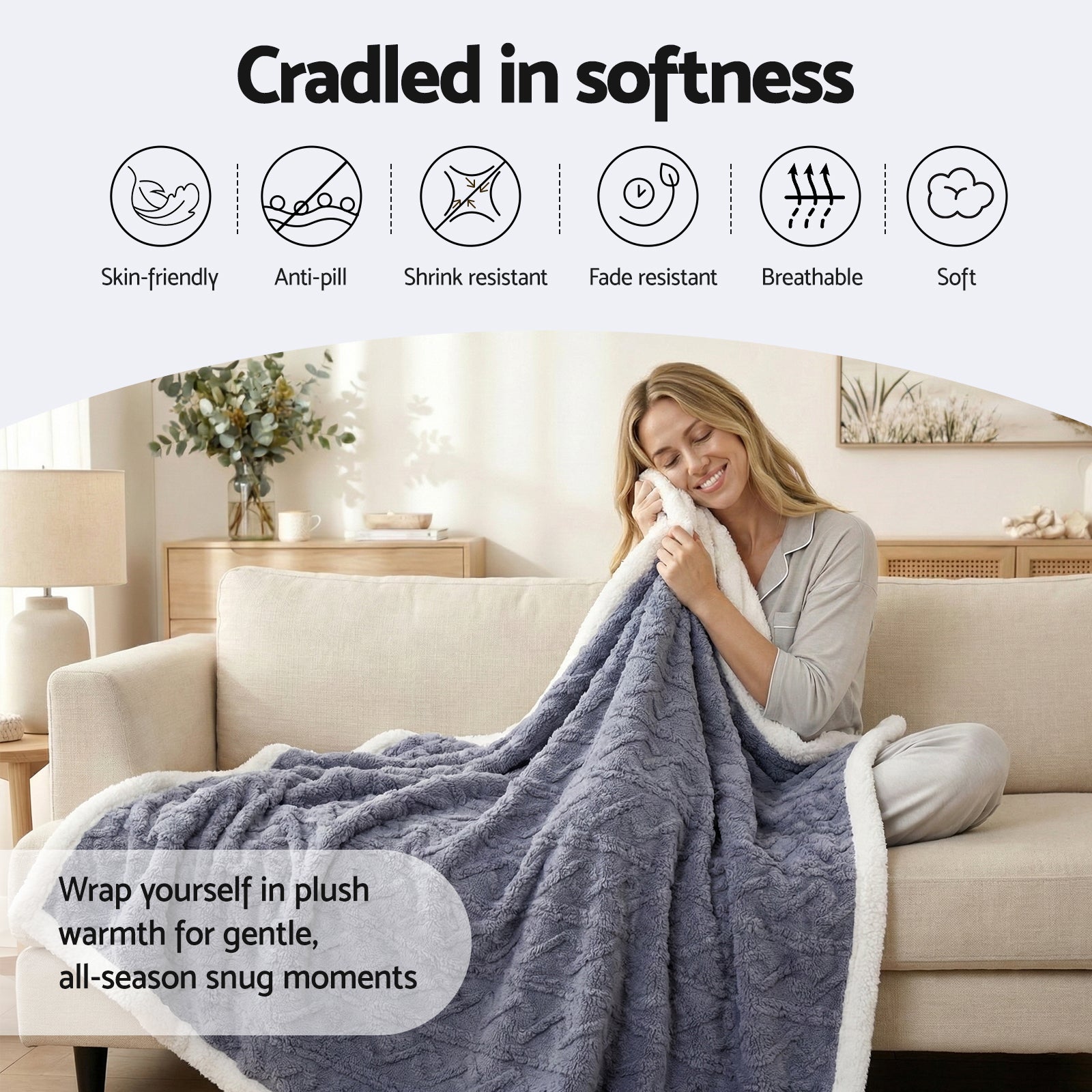Giselle 152x203cm Throw Blanket Double-Sided Fleece Lightweight For Sofa Couch Bed Queen TBLANKET-DUAL-203-BU