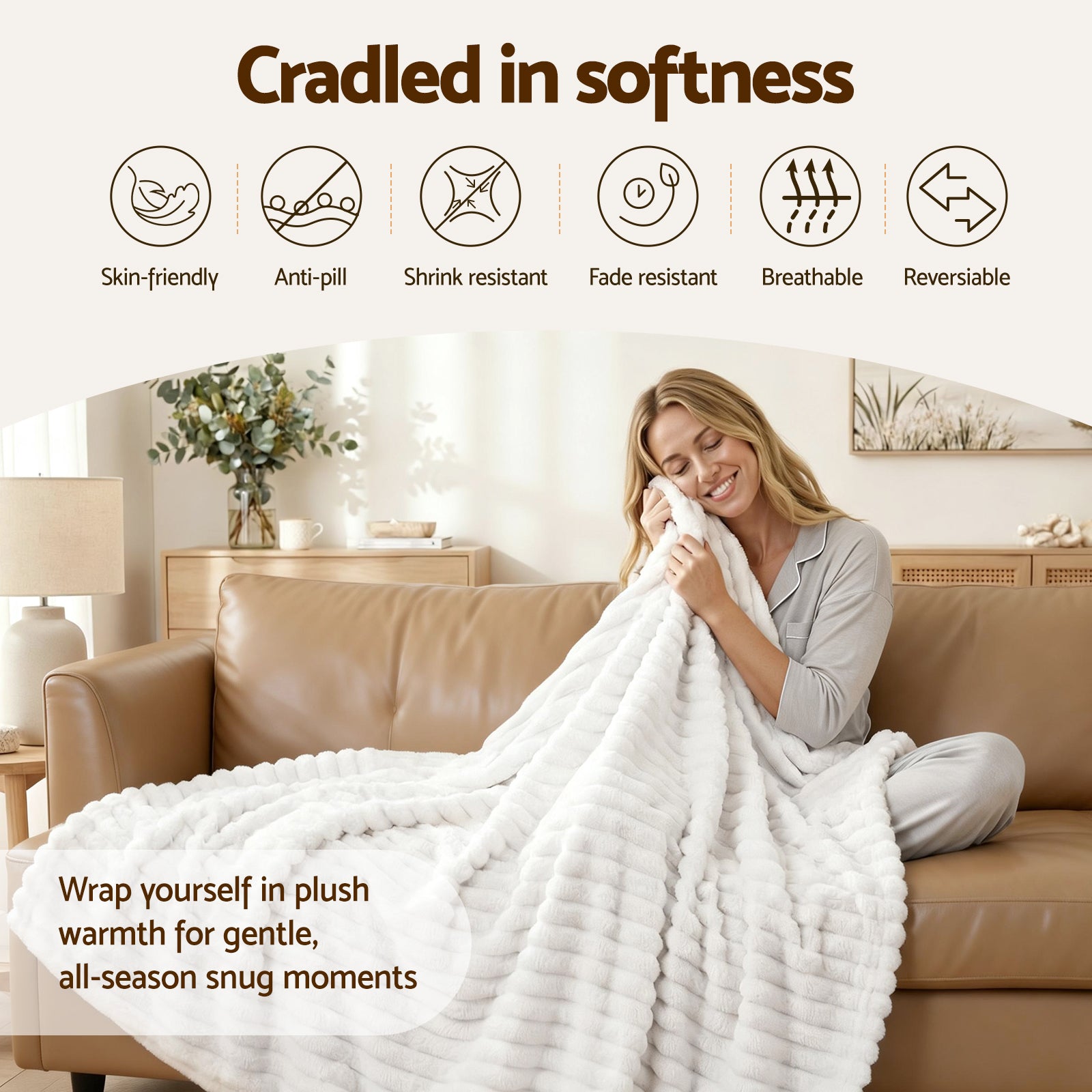 Giselle 127x152cm Throw Blanket Fleece Soft Lightweight Cozy Sofa Couch Bed Throw TBLANKET-SFF-152-WH