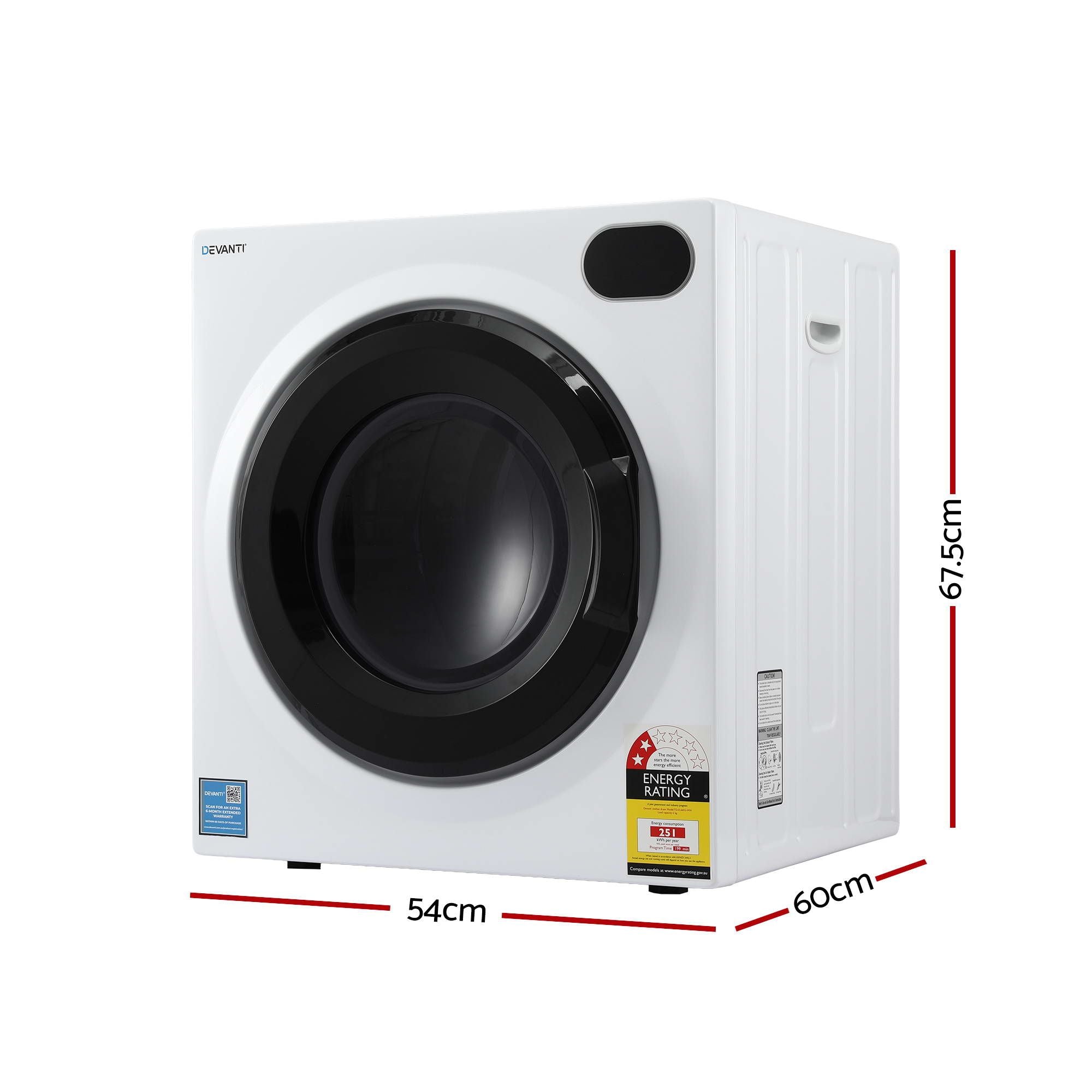 Devanti 6kg Tumble Dryer, Intelligent Touch Screen Clothes Dryer with 4 Drying Modes Stainless Steel Drum, TD-D-6KG-WH