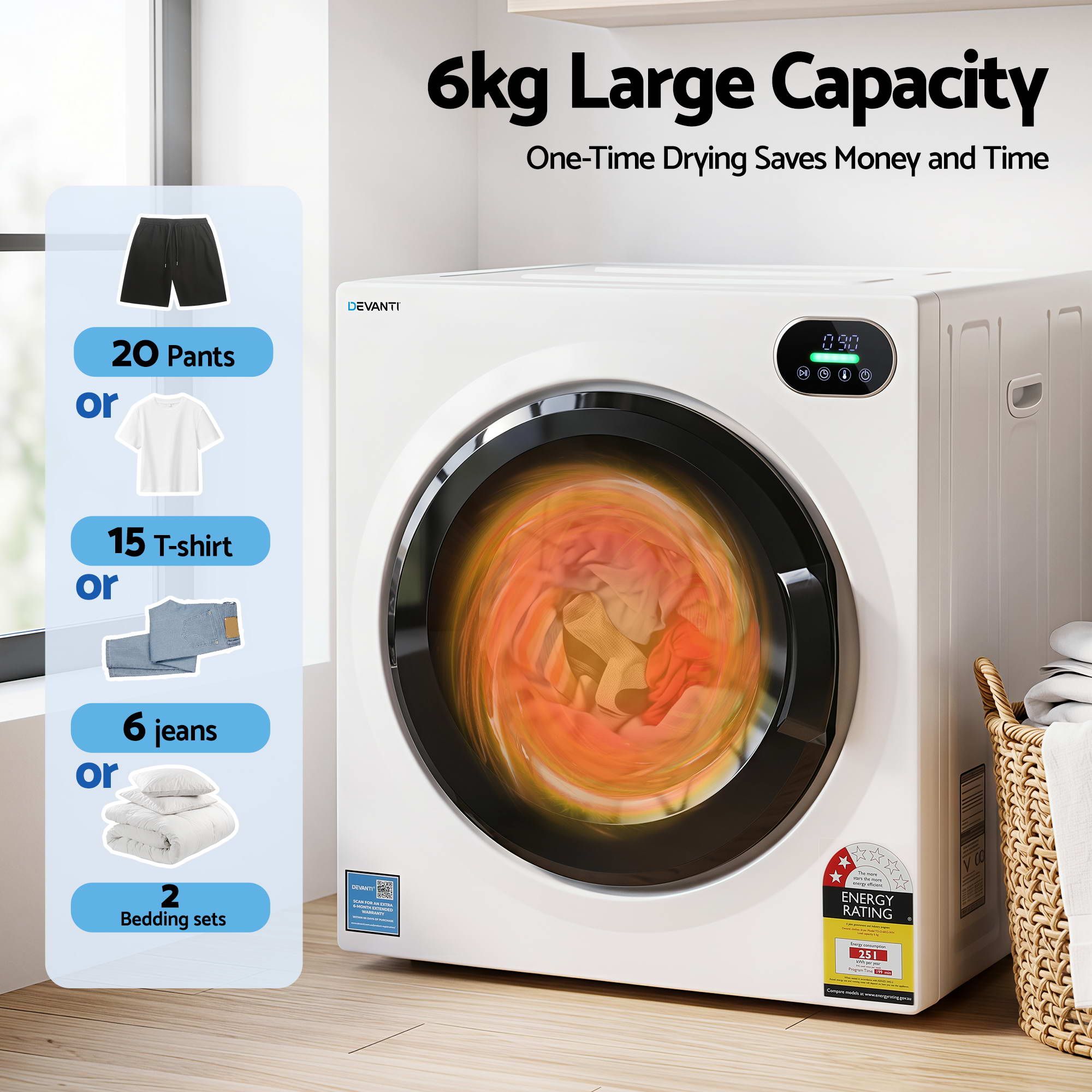 Devanti 6kg Tumble Dryer, Intelligent Touch Screen Clothes Dryer with 4 Drying Modes Stainless Steel Drum, TD-D-6KG-WH
