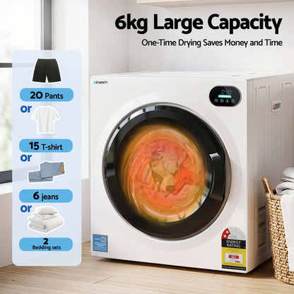 Devanti 6kg Tumble Dryer, Intelligent Touch Screen Clothes Dryer with 4 Drying Modes Stainless Steel Drum, TD-D-6KG-WH