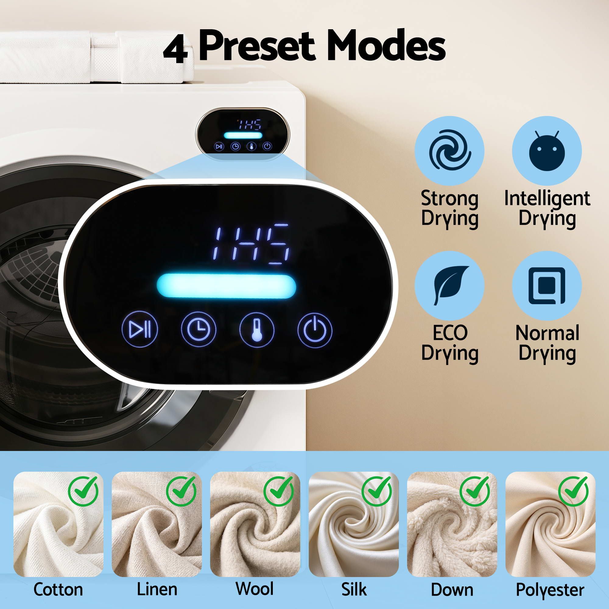 Devanti 6kg Tumble Dryer, Intelligent Touch Screen Clothes Dryer with 4 Drying Modes Stainless Steel Drum, TD-D-6KG-WH