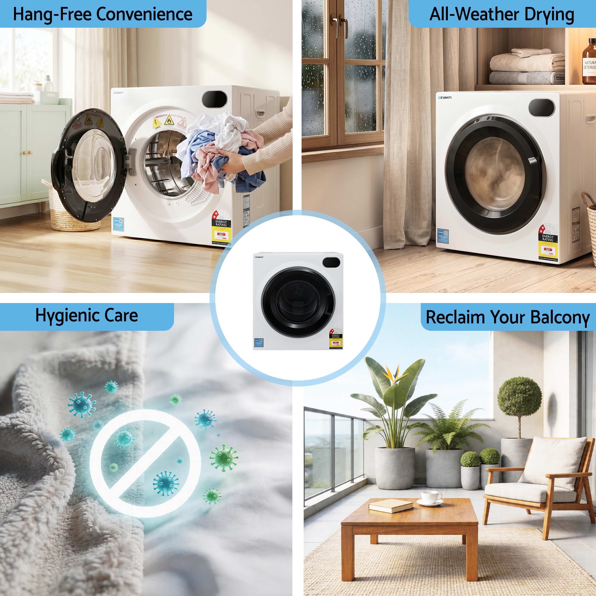 Devanti 6kg Tumble Dryer, Intelligent Touch Screen Clothes Dryer with 4 Drying Modes Stainless Steel Drum, TD-D-6KG-WH
