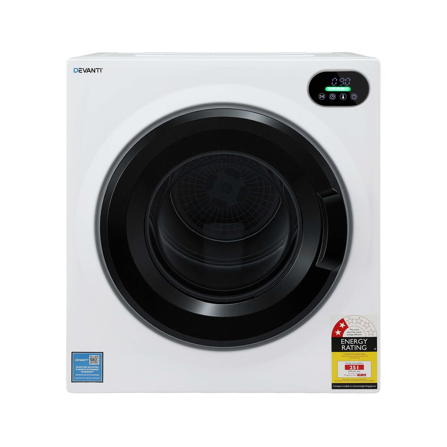 Devanti 6kg Tumble Dryer, Intelligent Touch Screen Clothes Dryer with 4 Drying Modes Stainless Steel Drum, TD-D-6KG-WH