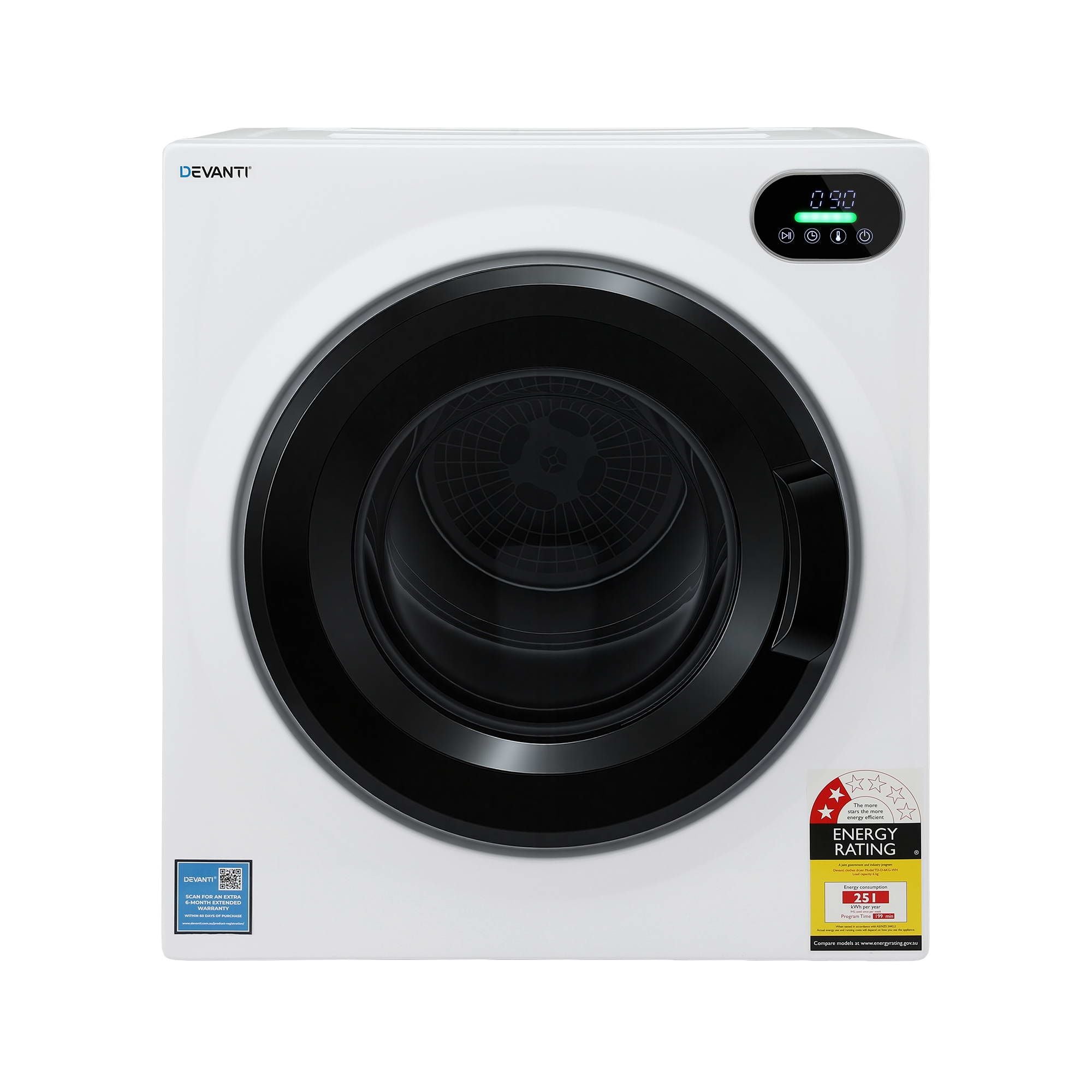 Devanti 6kg Tumble Dryer, Intelligent Touch Screen Clothes Dryer with 4 Drying Modes Stainless Steel Drum, TD-D-6KG-WH