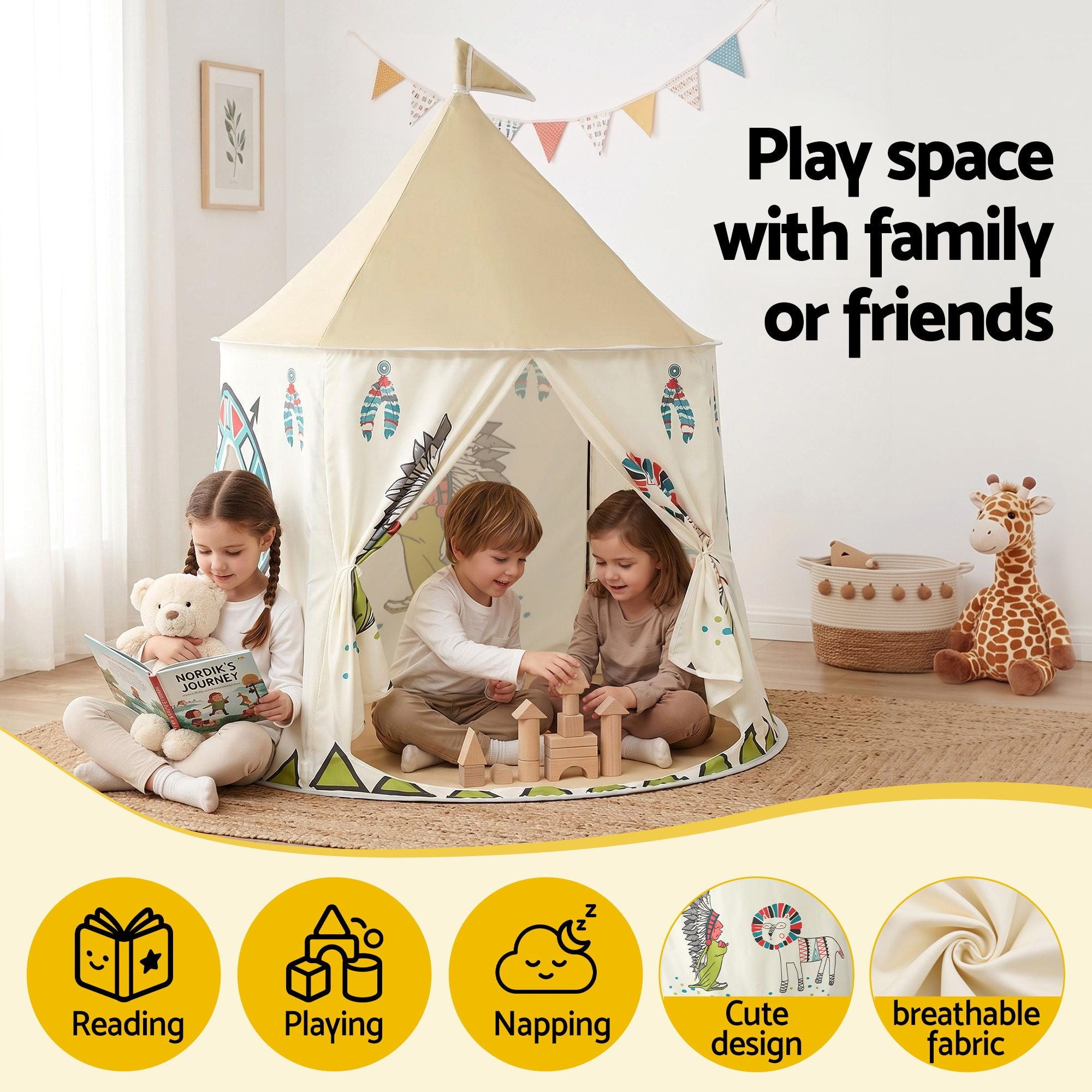 Keezi Kids Play Tent Playhouse Castle with Window Flag Carry Bag 115cmx115cm TENT-PLAY-116CM-MC