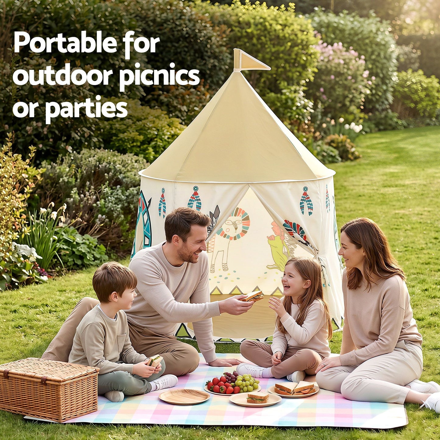 Keezi Kids Play Tent Playhouse Castle with Window Flag Carry Bag 115cmx115cm TENT-PLAY-116CM-MC