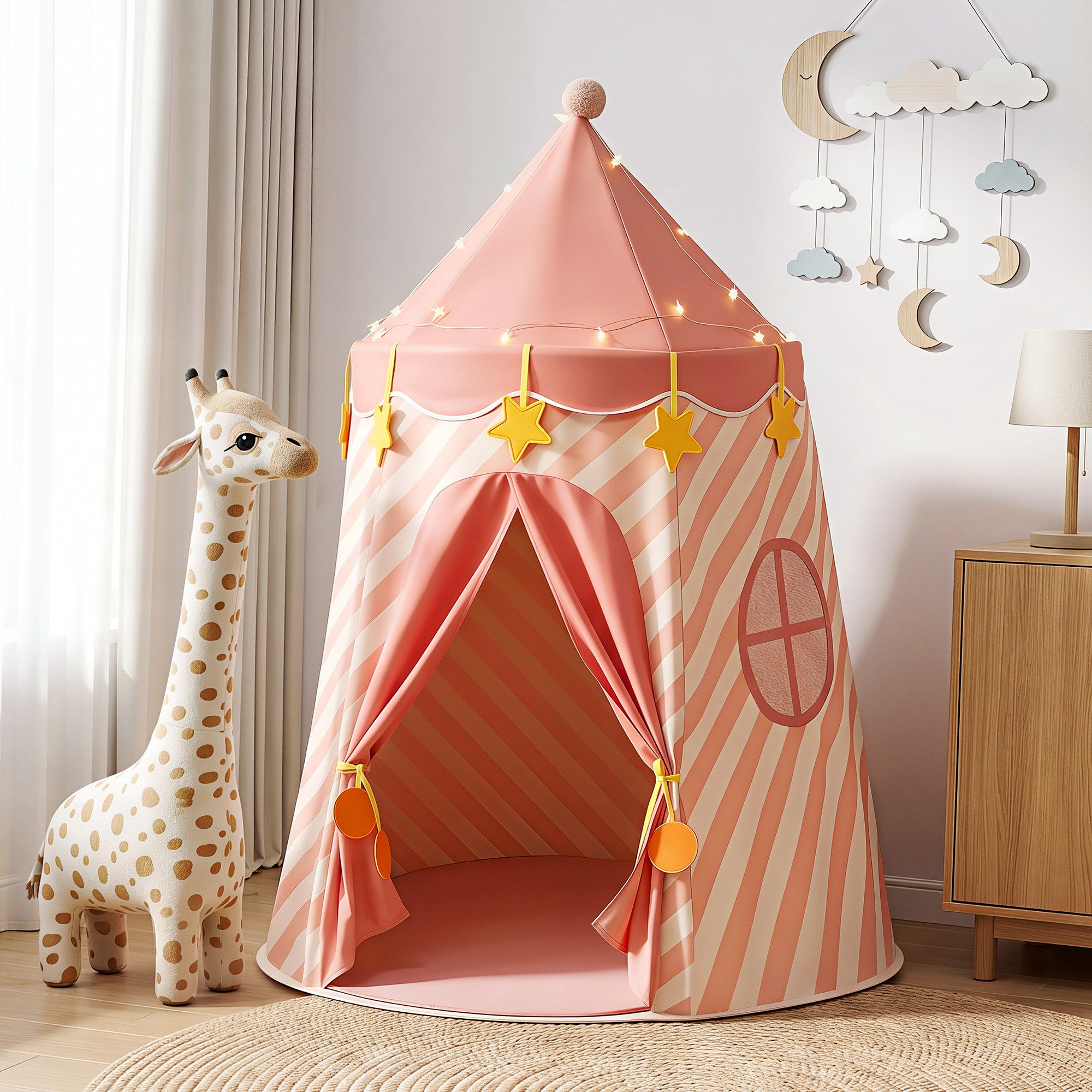 Keezi Kids Play Tent with Star Lights and Window Carry Bag 116cmx153cm Playhouse TENT-PLAY-120CM-PK