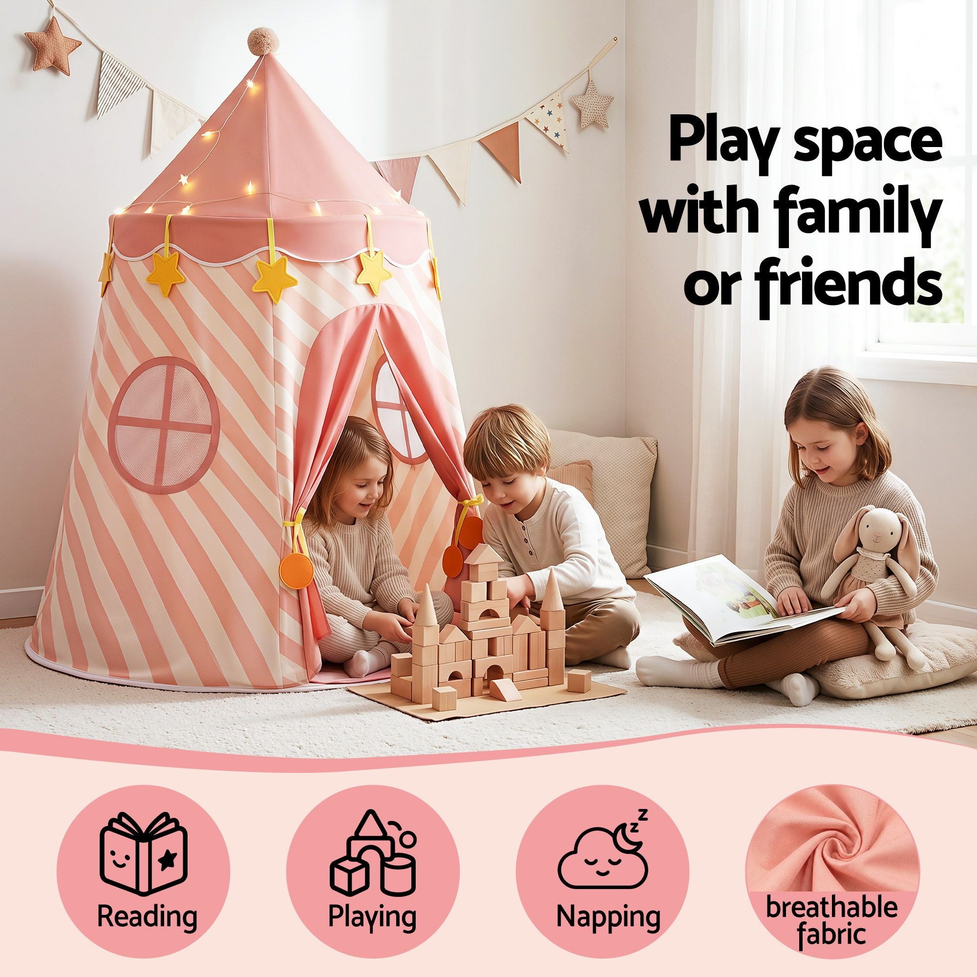 Keezi Kids Play Tent with Star Lights and Window Carry Bag 116cmx153cm Playhouse TENT-PLAY-120CM-PK