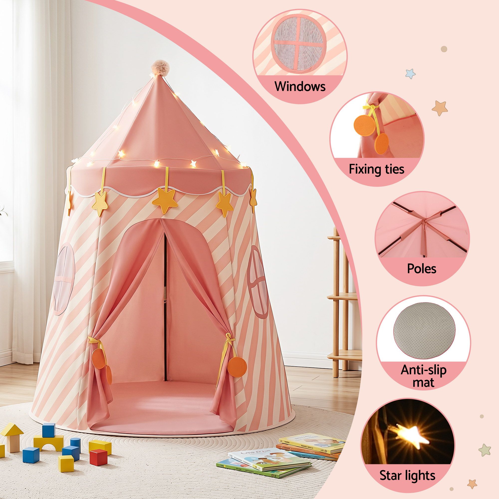 Keezi Kids Play Tent with Star Lights and Window Carry Bag 116cmx153cm Playhouse TENT-PLAY-120CM-PK