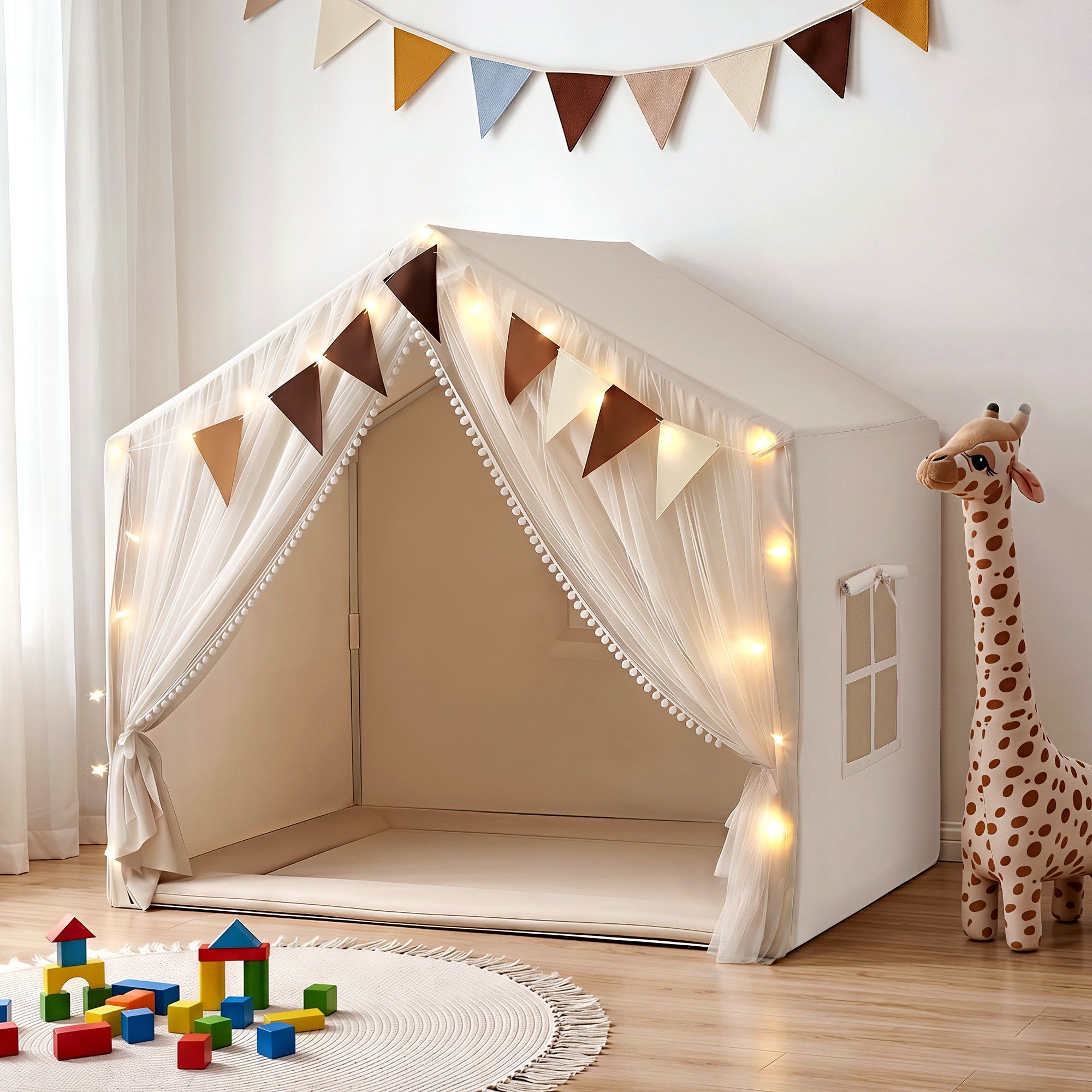 Keezi Kids Play Tent with Star Lights Windows Flag 144cmx95cm Playhouse TENT-PLAY-147CM-WH