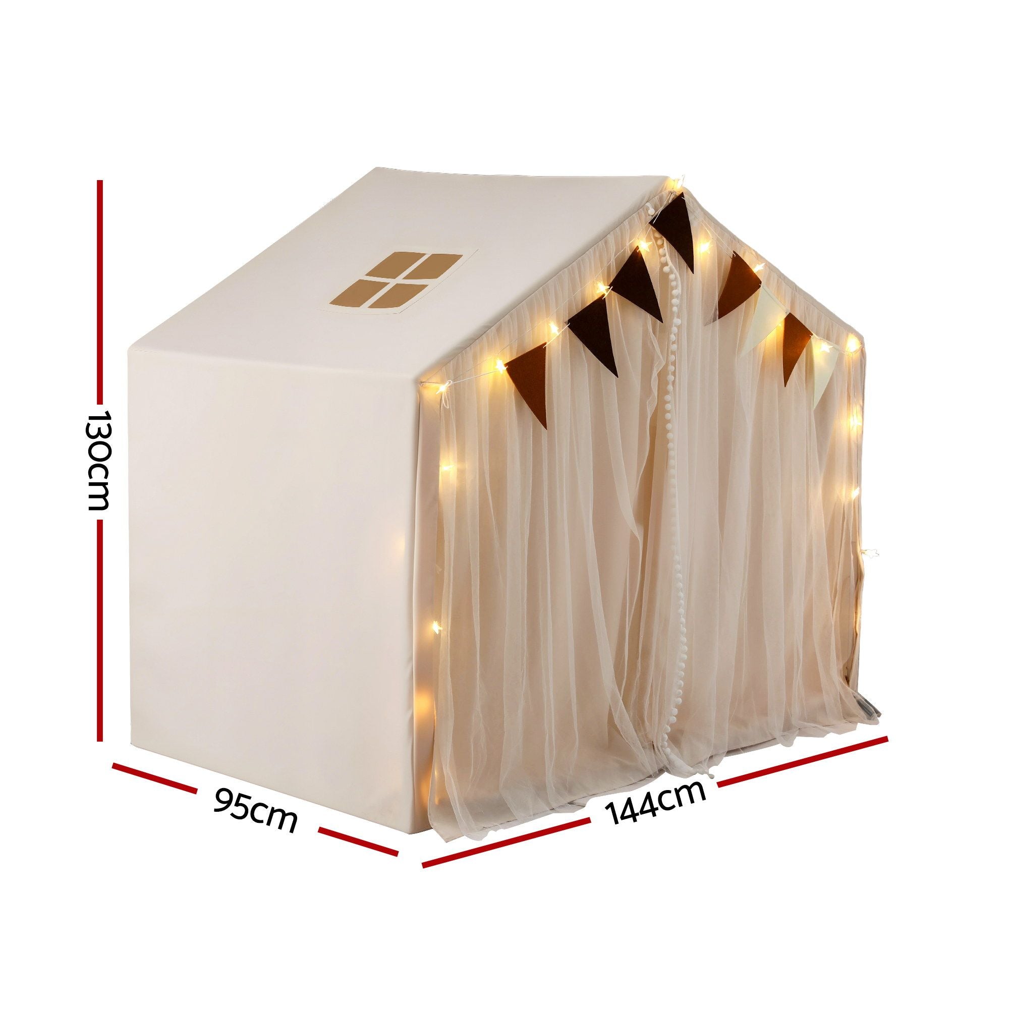 Keezi Kids Play Tent with Star Lights Windows Flag 144cmx95cm Playhouse TENT-PLAY-147CM-WH