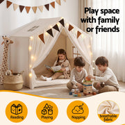 Keezi Kids Play Tent with Star Lights Windows Flag 144cmx95cm Playhouse TENT-PLAY-147CM-WH