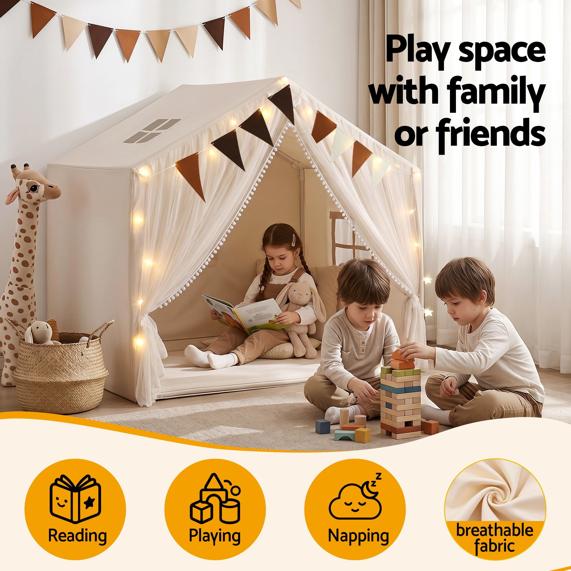 Keezi Kids Play Tent with Star Lights Windows Flag 144cmx95cm Playhouse TENT-PLAY-147CM-WH
