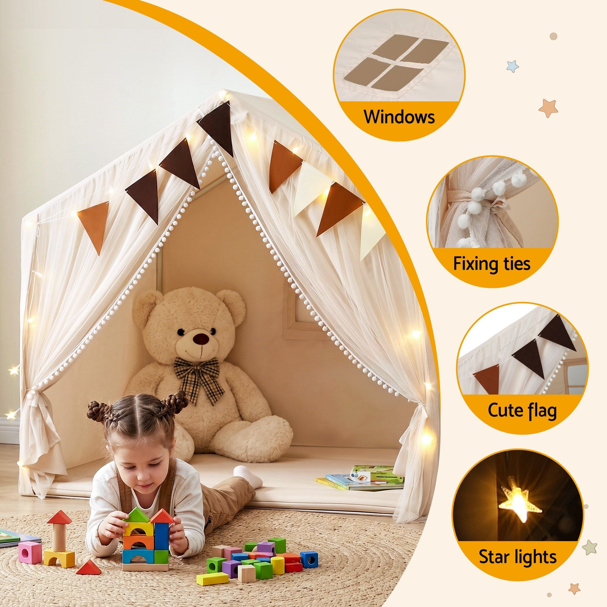 Keezi Kids Play Tent with Star Lights Windows Flag 144cmx95cm Playhouse TENT-PLAY-147CM-WH
