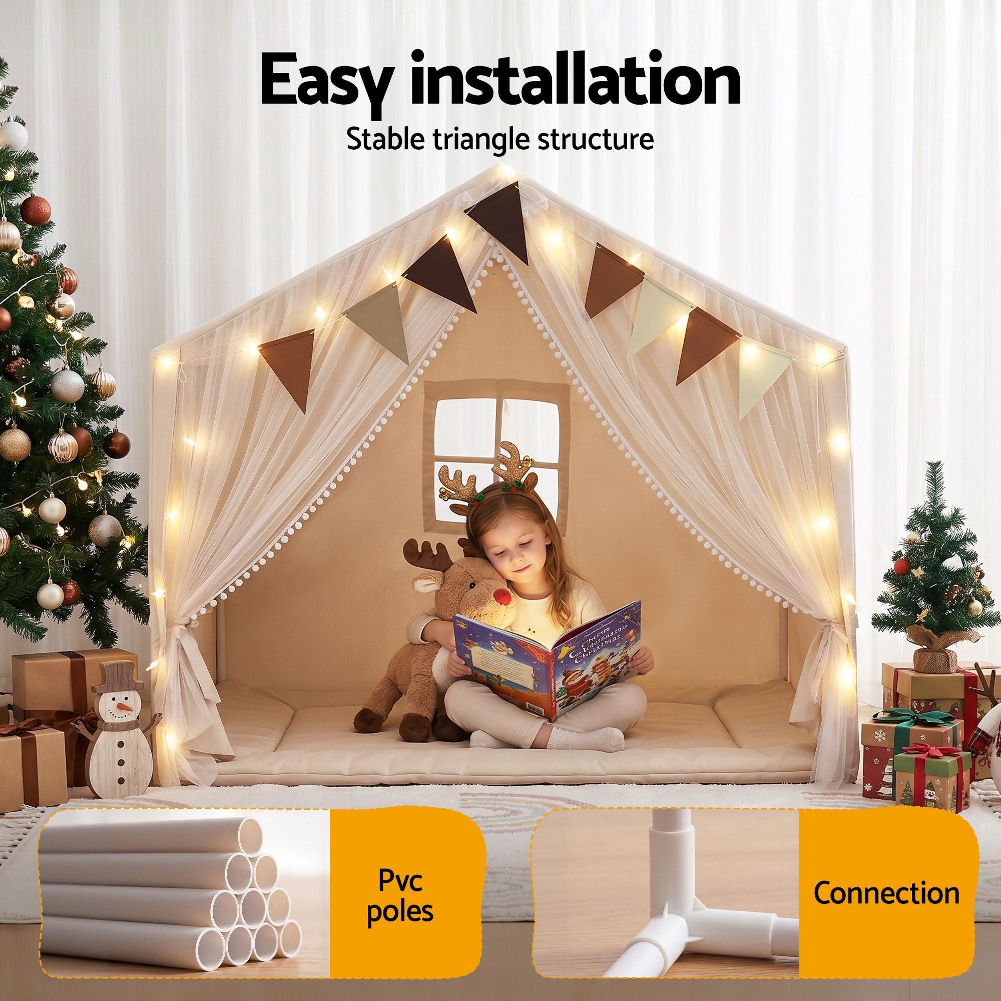 Keezi Kids Play Tent with Star Lights Windows Flag 144cmx95cm Playhouse TENT-PLAY-147CM-WH