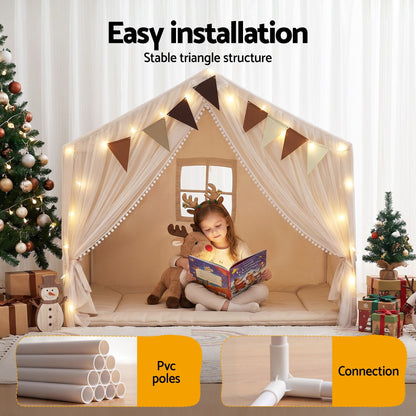Keezi Kids Play Tent with Star Lights Windows Flag 144cmx95cm Playhouse TENT-PLAY-147CM-WH