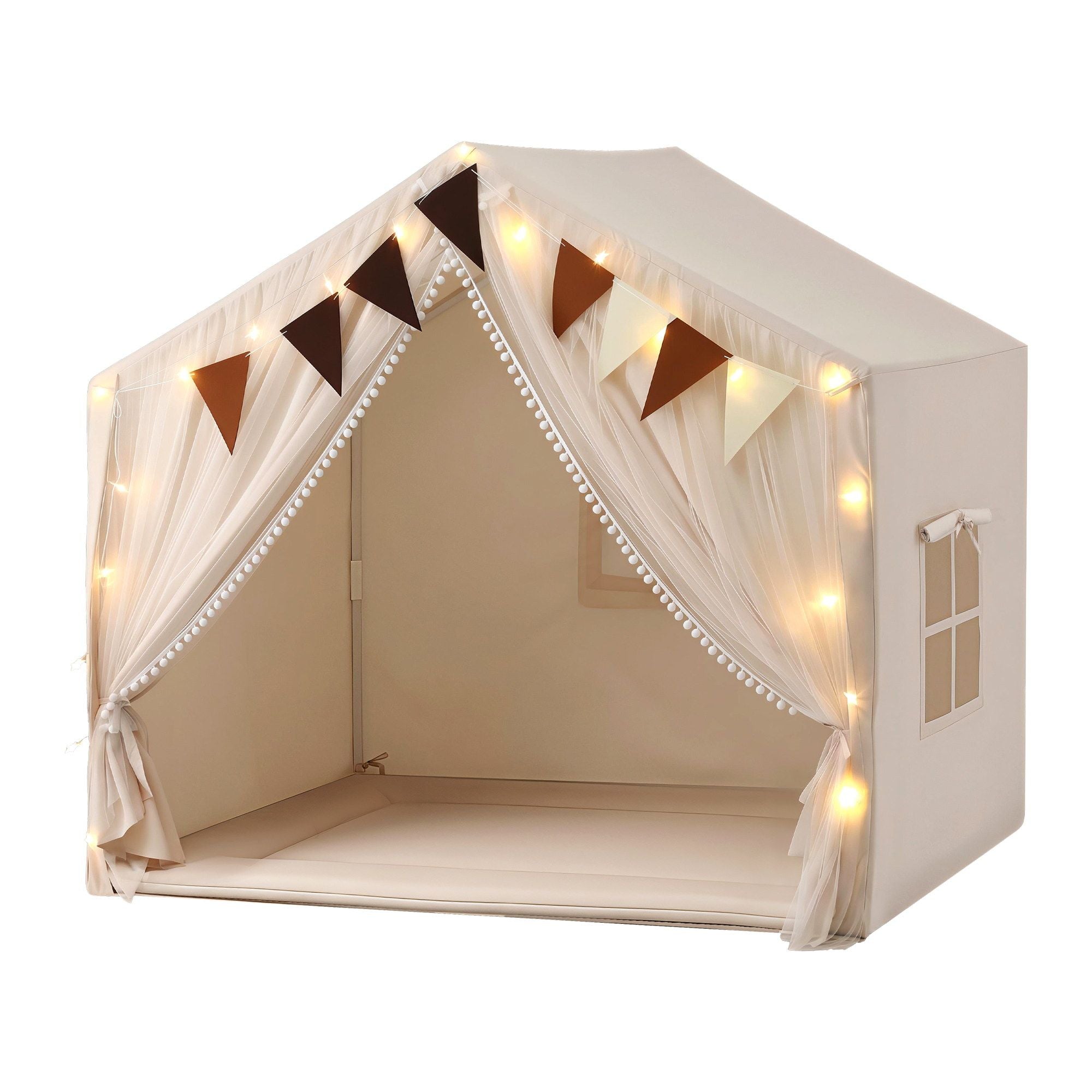 Keezi Kids Play Tent with Star Lights Windows Flag 144cmx95cm Playhouse TENT-PLAY-147CM-WH