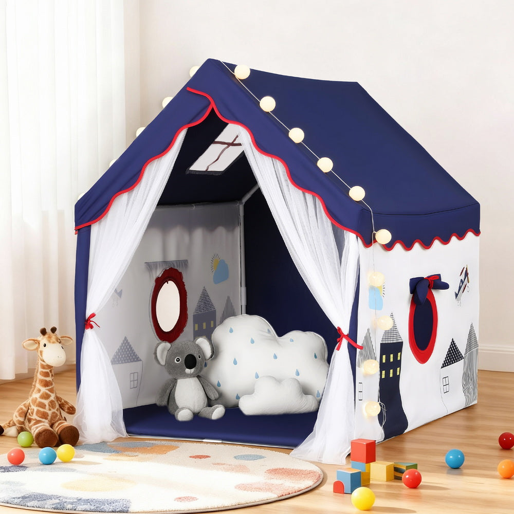 Keezi Kids Play Tent Playhouse Castle with Floor Mat String Ball Light 134X103CM TENT-PLAY-HSE-BLWH