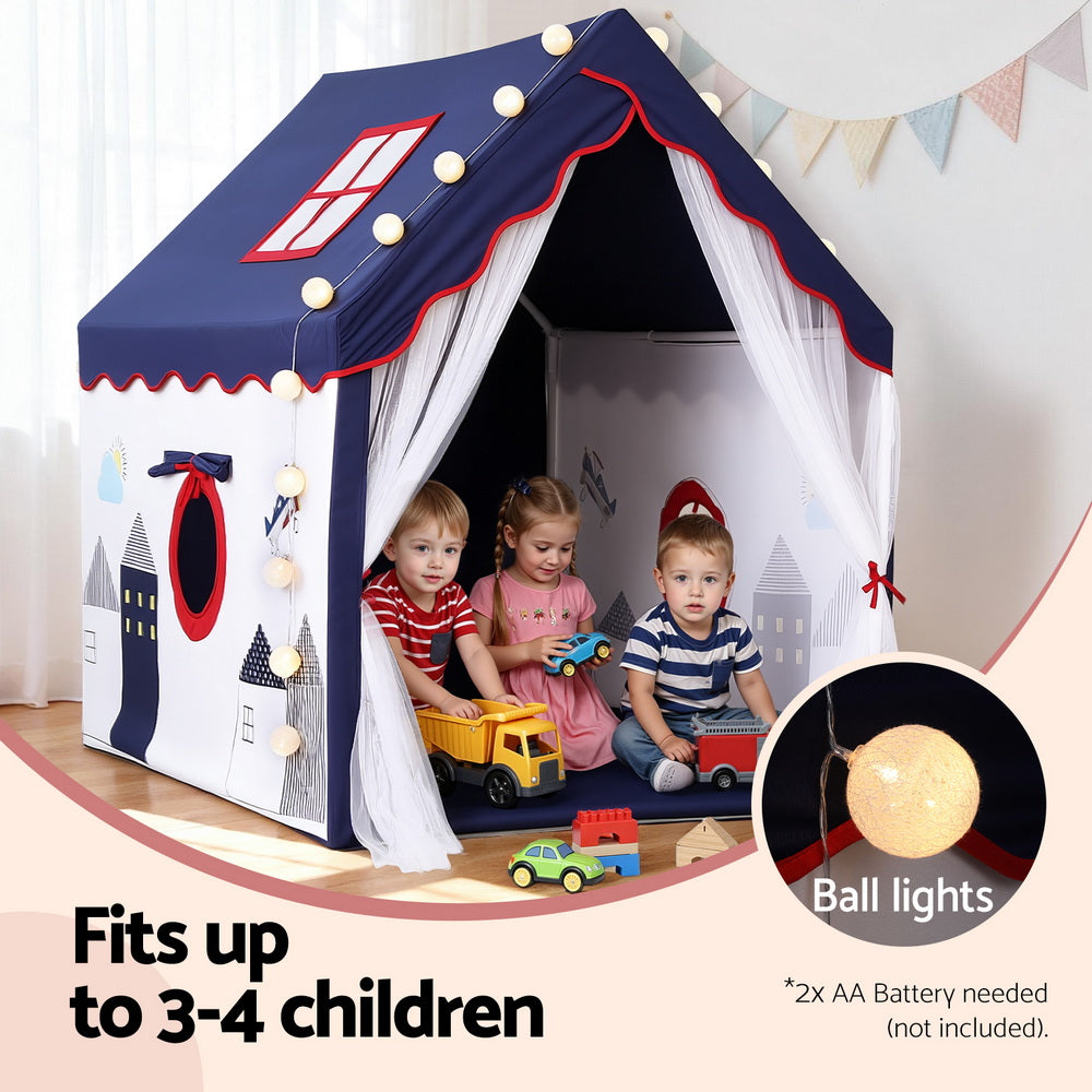 Keezi Kids Play Tent Playhouse Castle with Floor Mat String Ball Light 134X103CM TENT-PLAY-HSE-BLWH