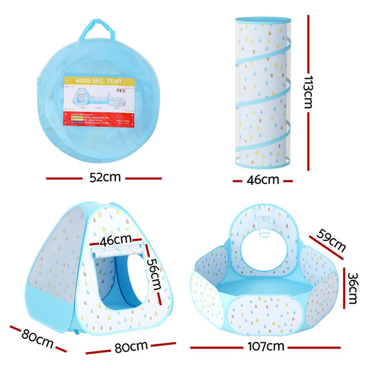 Keezi Kids Play Tent Pop Up Playhouse Ball Pit Tunnel Basketball Hoop Blue TENT-PLAY-TUN-BL