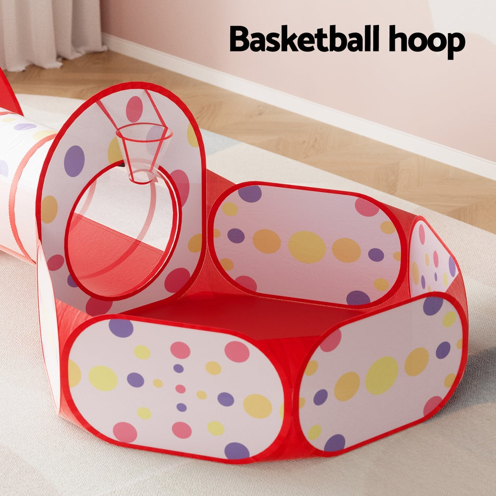 Keezi Kids Playhouse Play Tent Pop Up Teepee Ball Pit Tunnel Basketball Hoop Red TENT-PLAY-TUN-RD