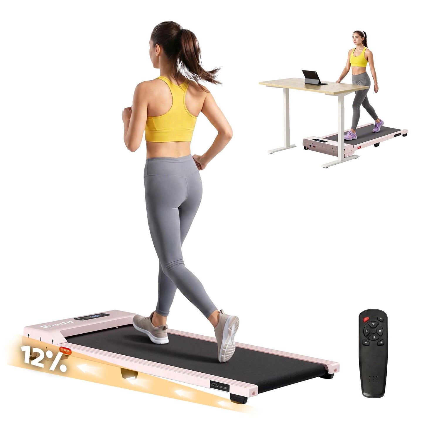 Everfit 3 in 1 Walking Pad Treadmill 12% Incline Under Desk Treadmills for Home Gym With 38cm Wide Belt Pink TMILL-380-2INC-PK