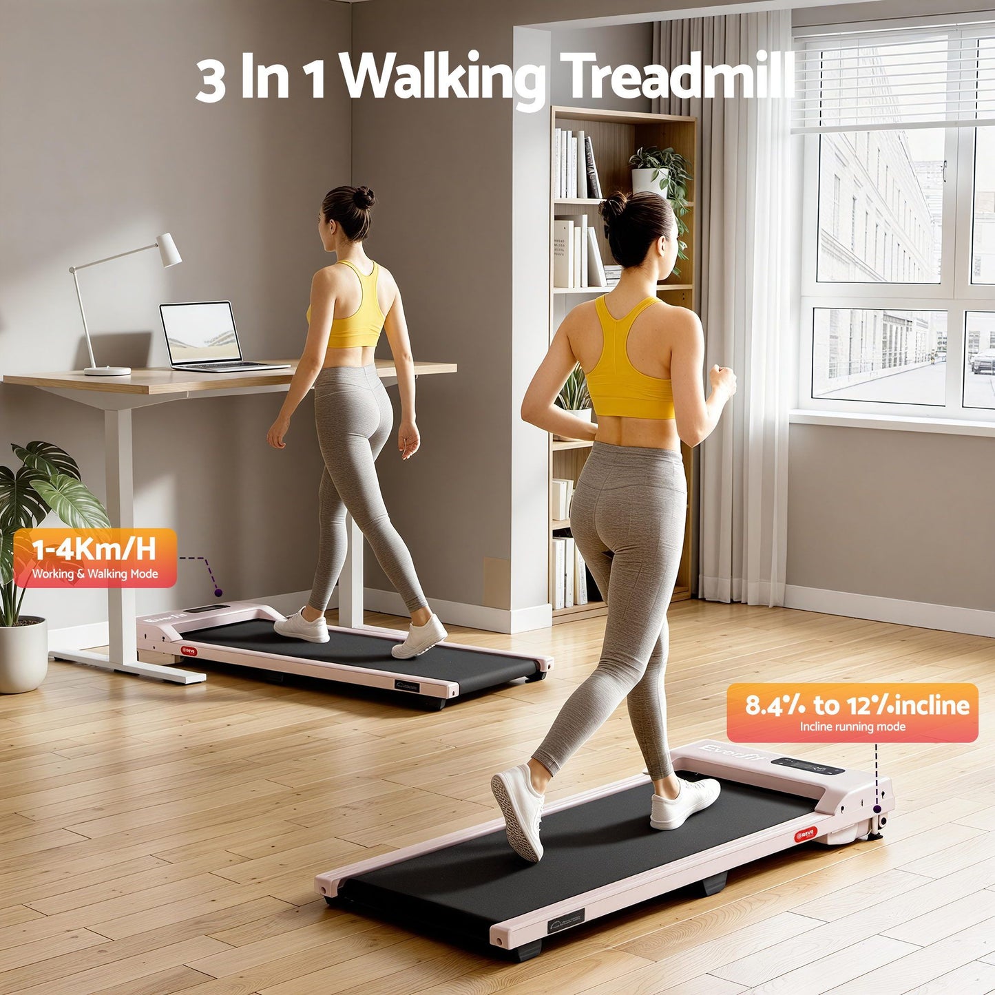 Everfit 3 in 1 Walking Pad Treadmill 12% Incline Under Desk Treadmills for Home Gym With 38cm Wide Belt Pink TMILL-380-2INC-PK