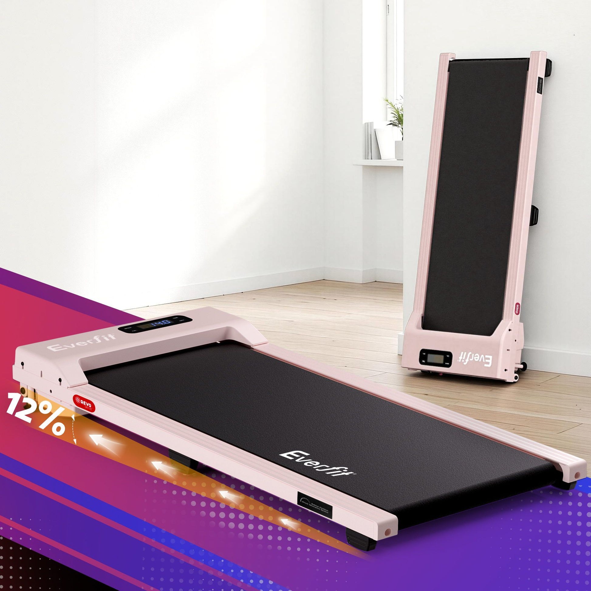Everfit 3 in 1 Walking Pad Treadmill 12% Incline Under Desk Treadmills for Home Gym With 38cm Wide Belt Pink TMILL-380-2INC-PK