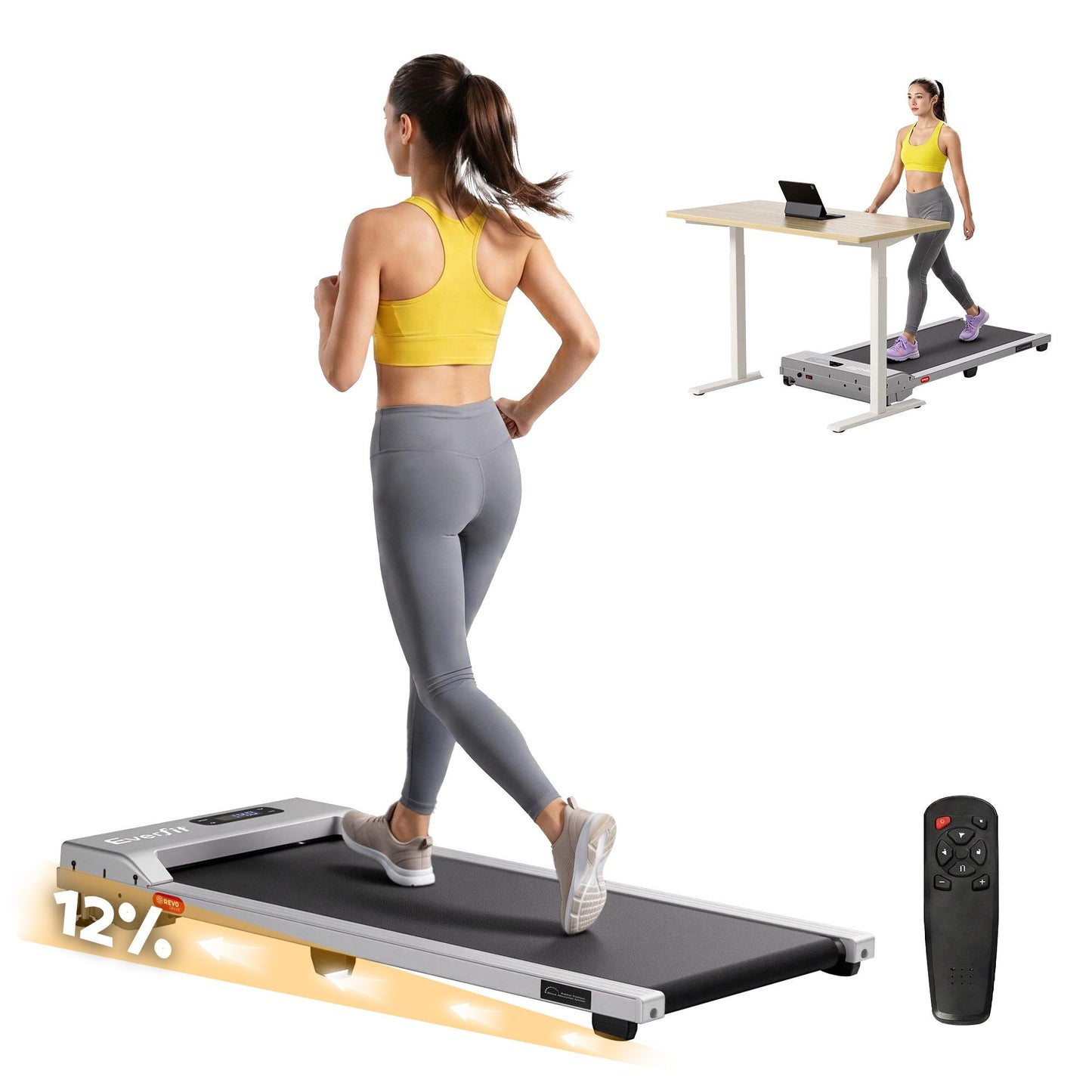 Everfit 3 in 1 Walking Pad Treadmill 12% Incline Under Desk Treadmills for Home Gym With 38cm Wide Belt Silver TMILL-380-2INC-SI