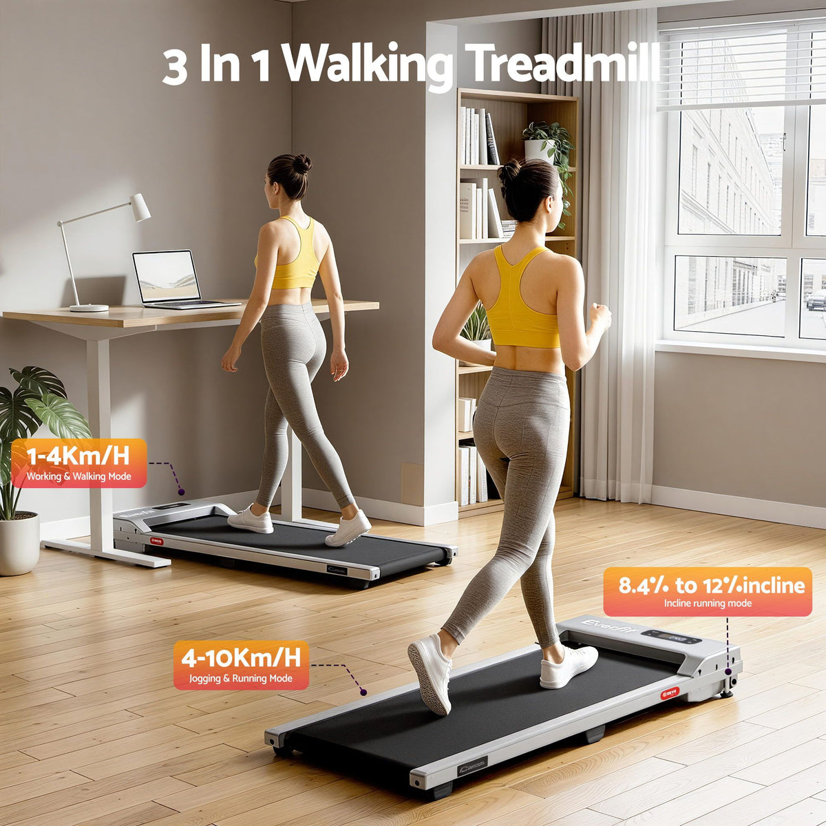 Everfit 3 in 1 Walking Pad Treadmill 12% Incline Under Desk Treadmills for Home Gym With 38cm Wide Belt Silver