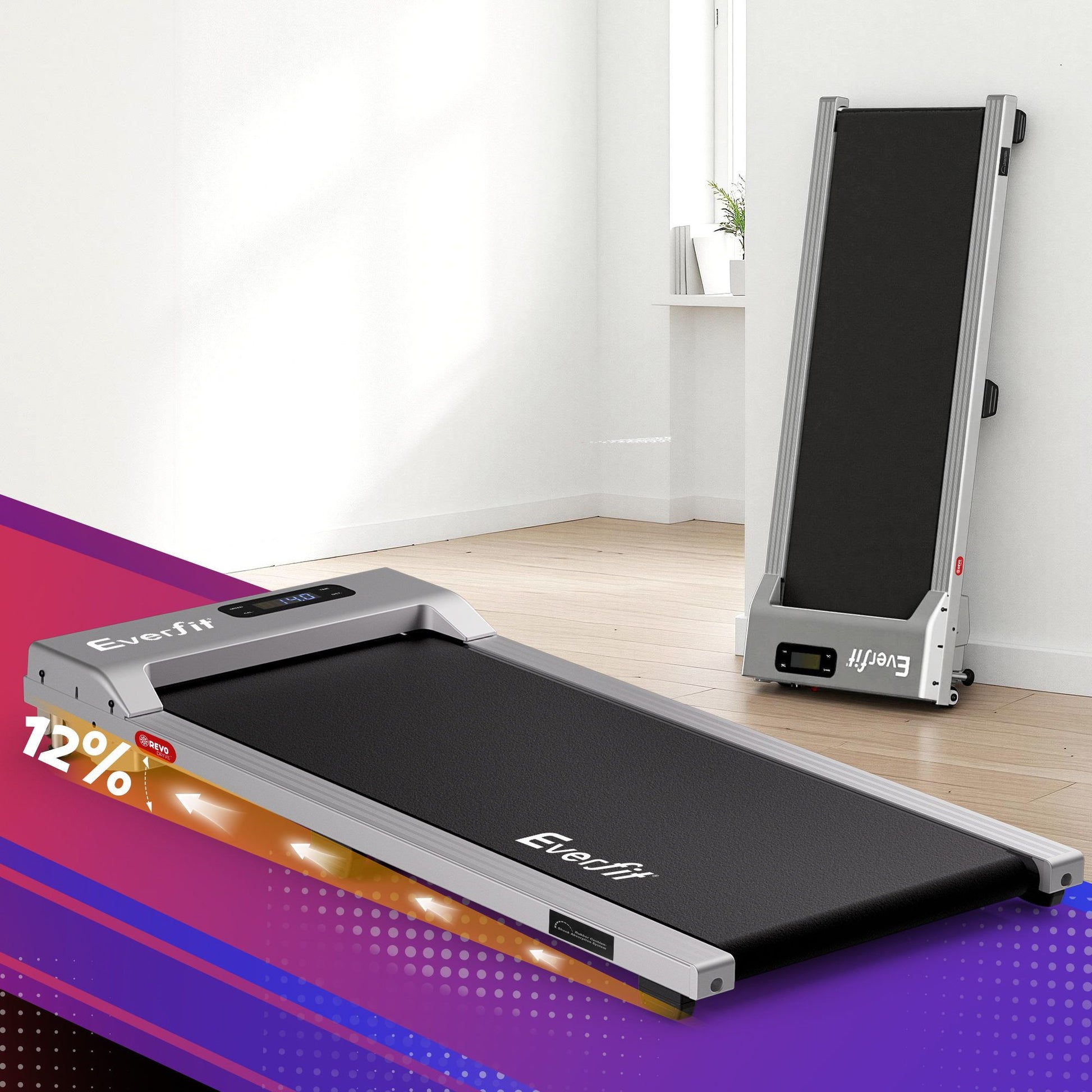 Everfit 3 in 1 Walking Pad Treadmill 12% Incline Under Desk Treadmills for Home Gym With 38cm Wide Belt Silver TMILL-380-2INC-SI