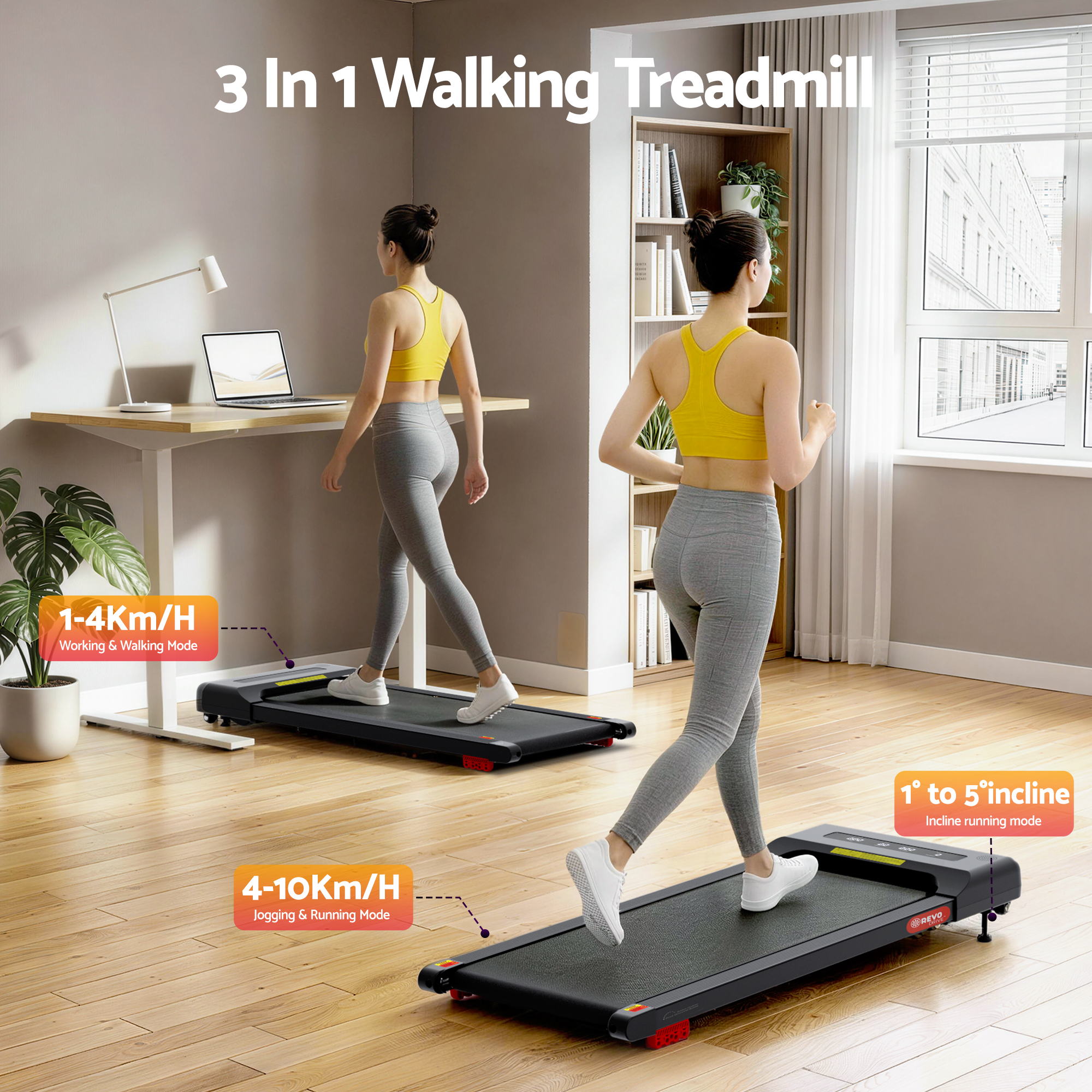 Everfit Treadmill Electric Walking Pad Incline Under Desk Home Gym 380mm Black