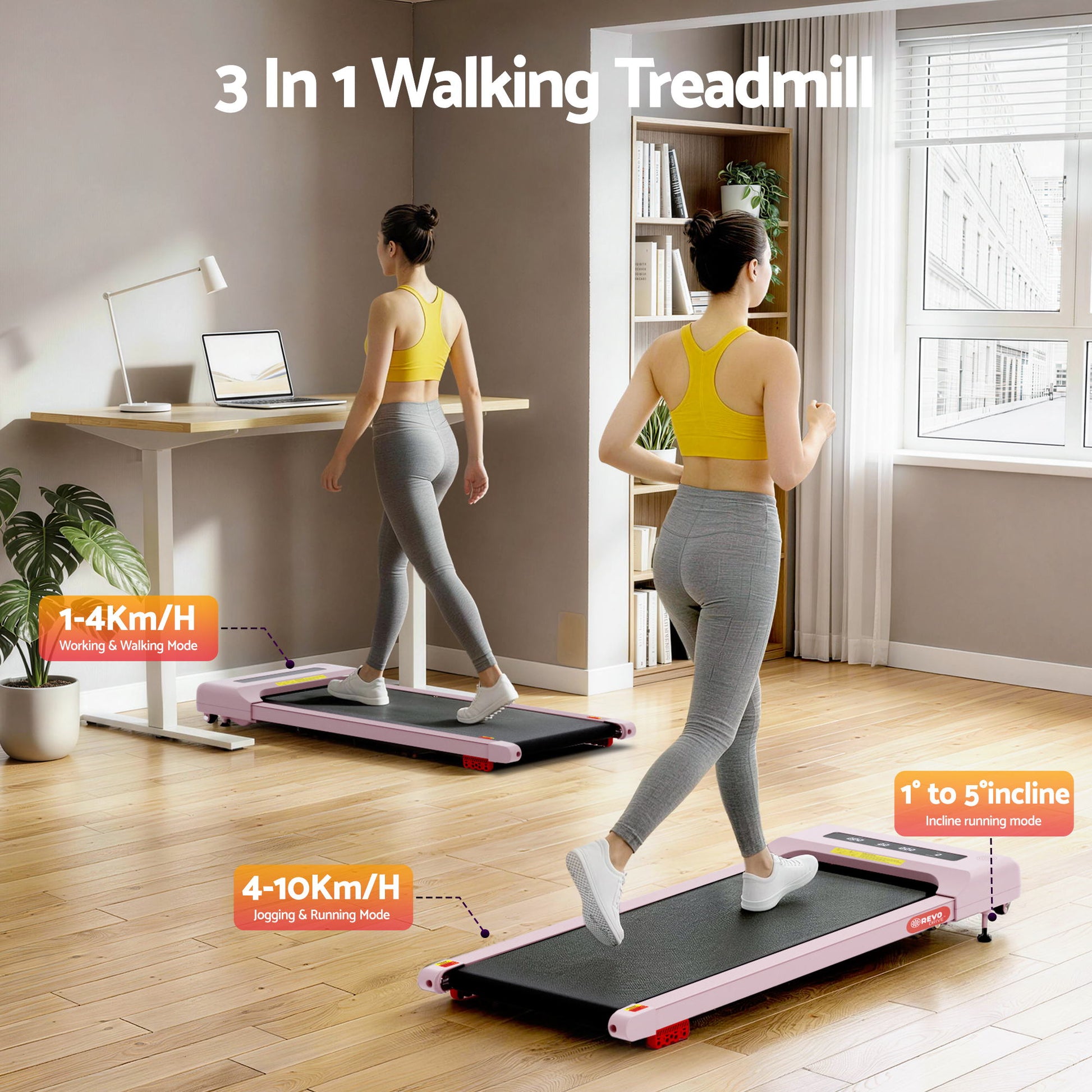 Everfit Treadmill Electric Walking Pad Incline Under Desk Home Gym 380mm Pink TMILL-380-INC-PK
