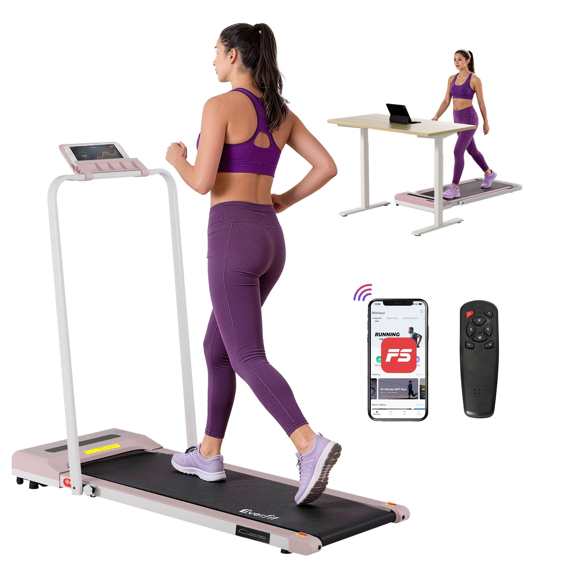 Everfit 2 in 1 Treadmill Electric Walking Pad Under Desk Home Gym Fitness 380mm Pink TMILL-380-PAD-PK