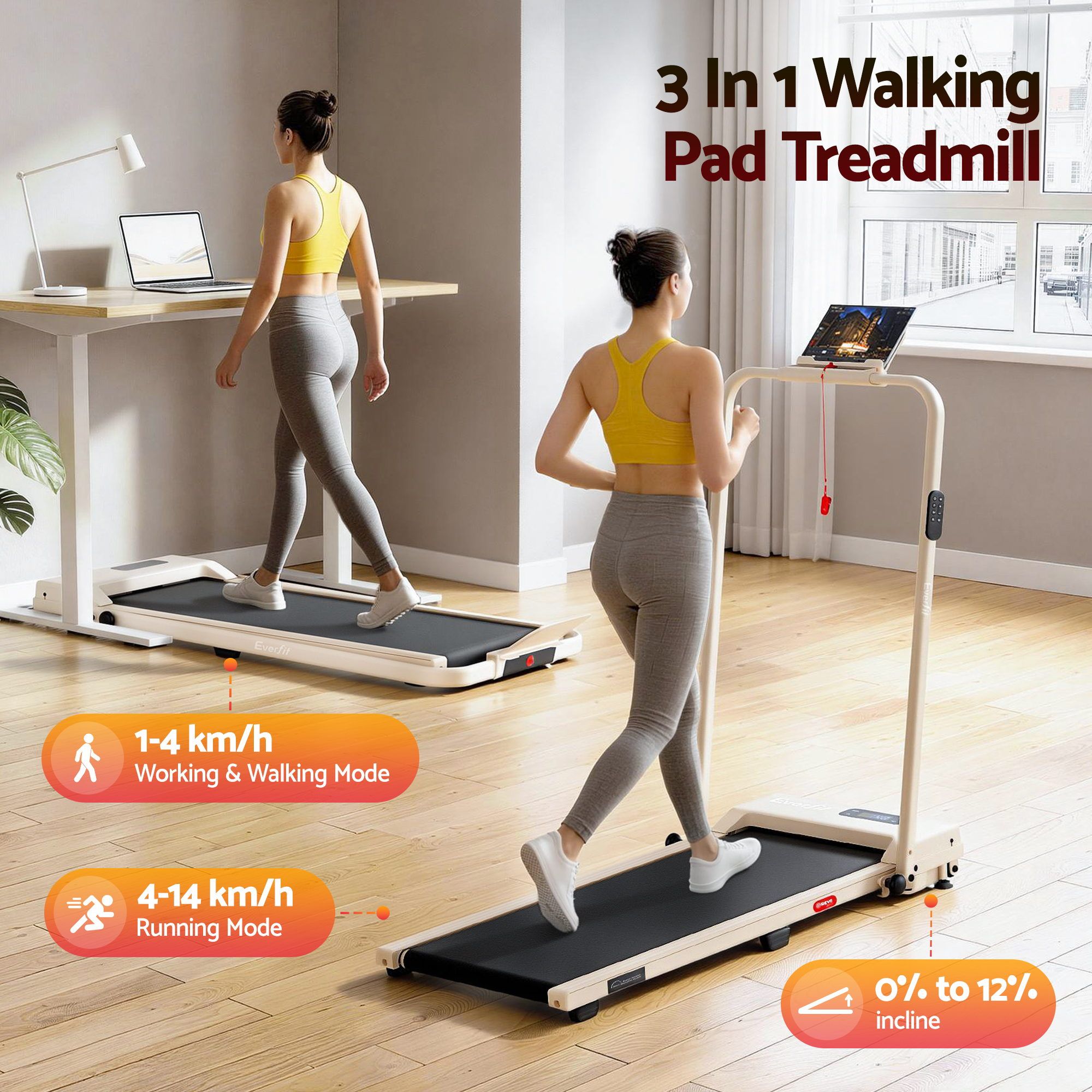 Everfit 3 in 1 Walking Pad Treadmill 12% Incline Under Desk Foldable Treadmills for Home Gym With 38cm Wide Belt APP Control