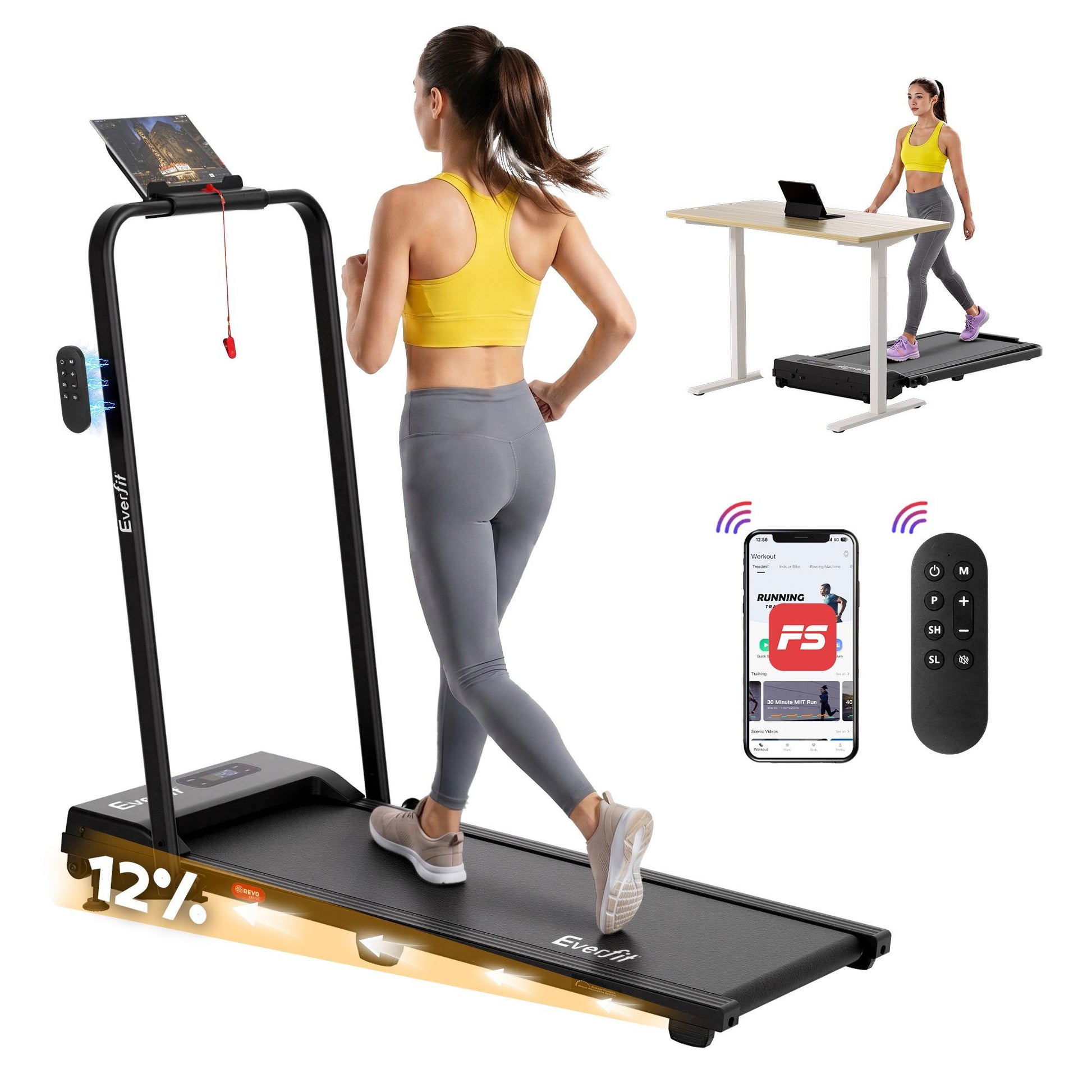 Everfit 3 in 1 Walking Pad Treadmill 12% Incline Under Desk Foldable Treadmills for Home Gym With 38cm Wide TMILL-380H-2INC-BK