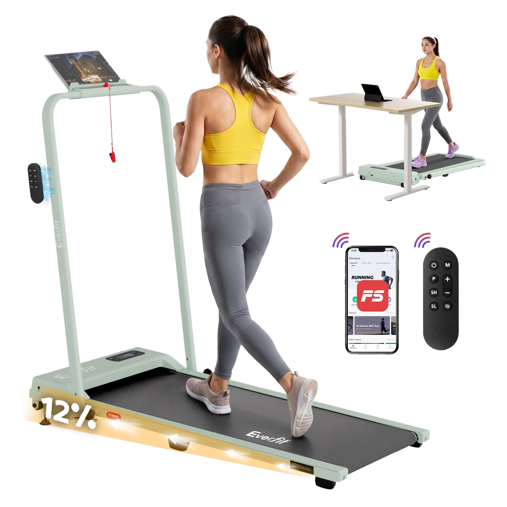 Everfit 3 in 1 Walking Pad Treadmill 12% Incline Under Desk Foldable Treadmills for Home Gym With 38cm Wide Belt APP Control