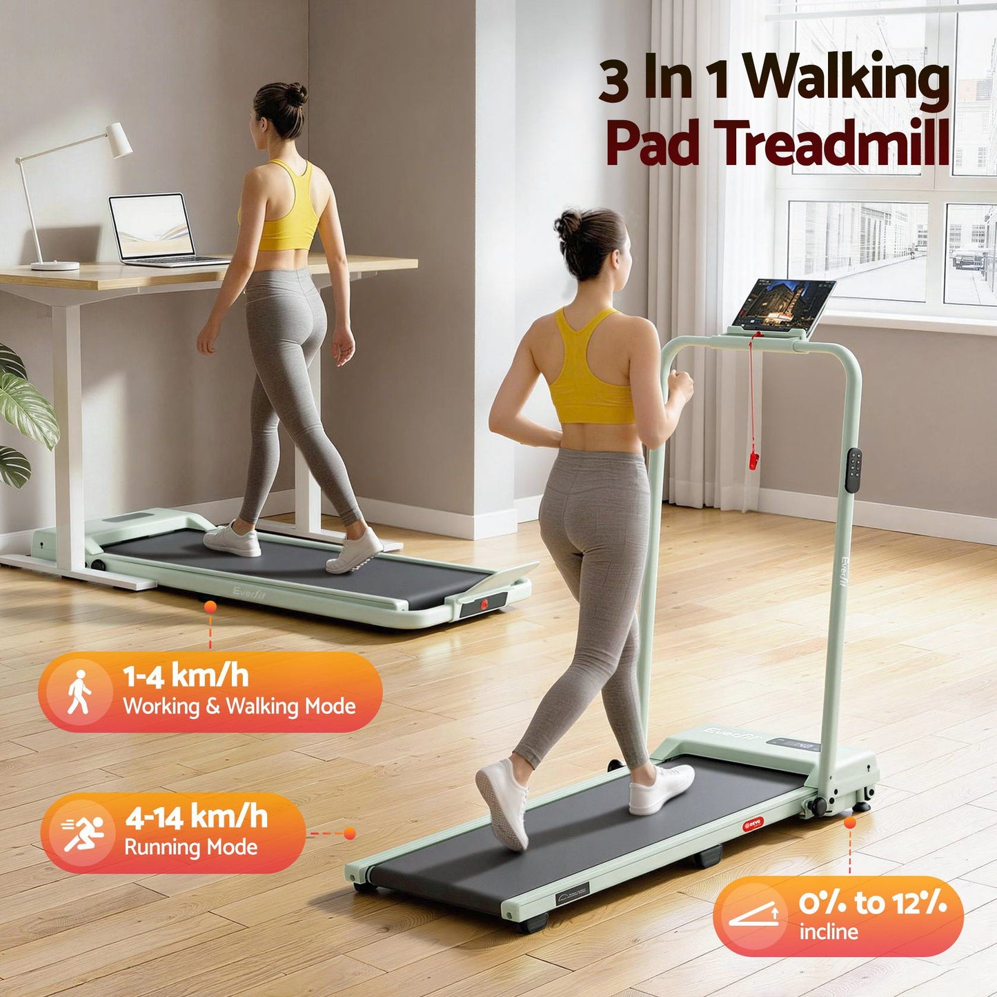Everfit 3 in 1 Walking Pad Treadmill 12% Incline Under Desk Foldable Treadmills for Home Gym With 38cm Wide TMILL-380H-2INC-GN