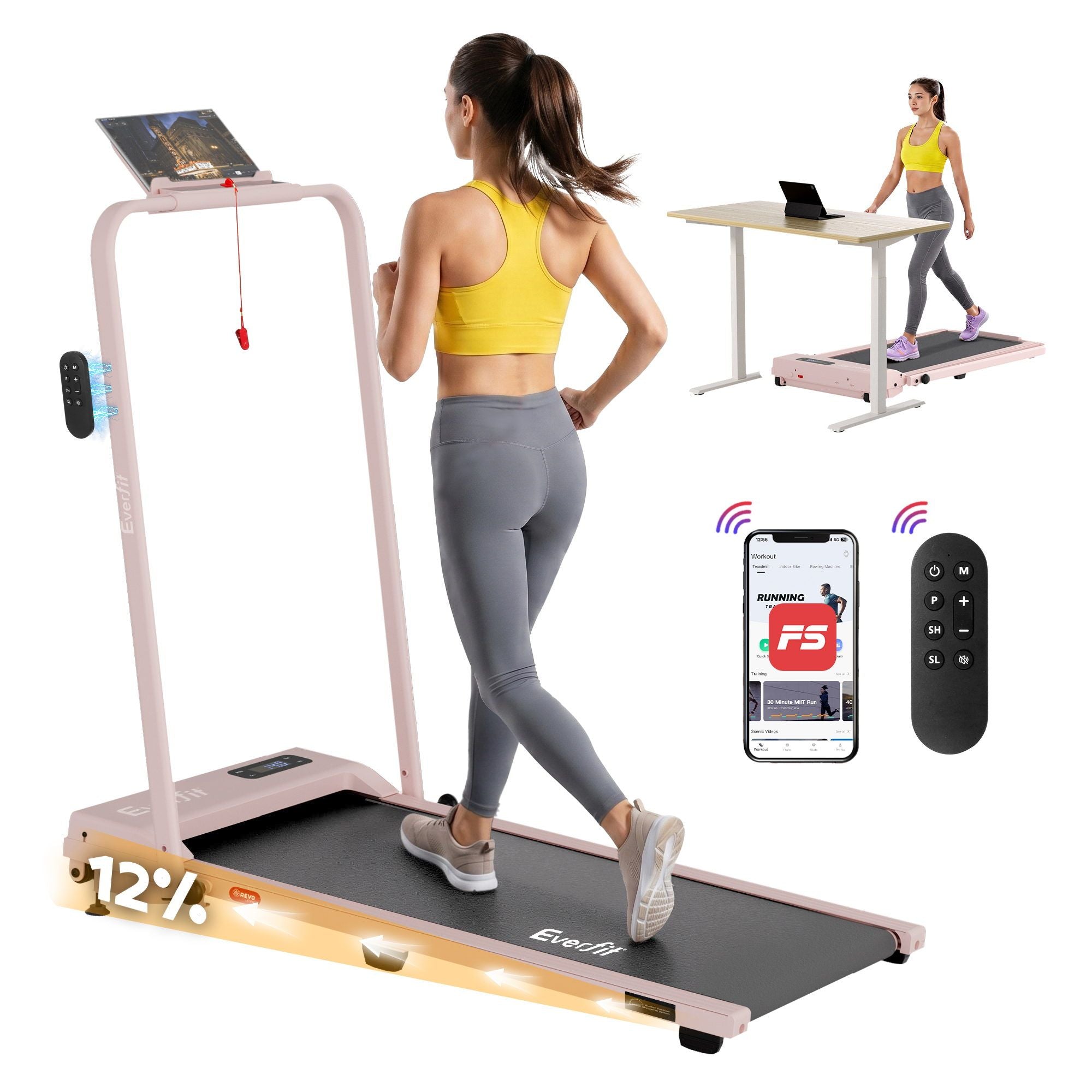 Everfit 3 in 1 Walking Pad Treadmill 12% Incline Under Desk Treadmills for Home Gym With 38cm Wide Belt APP TMILL-380H-2INC-PK