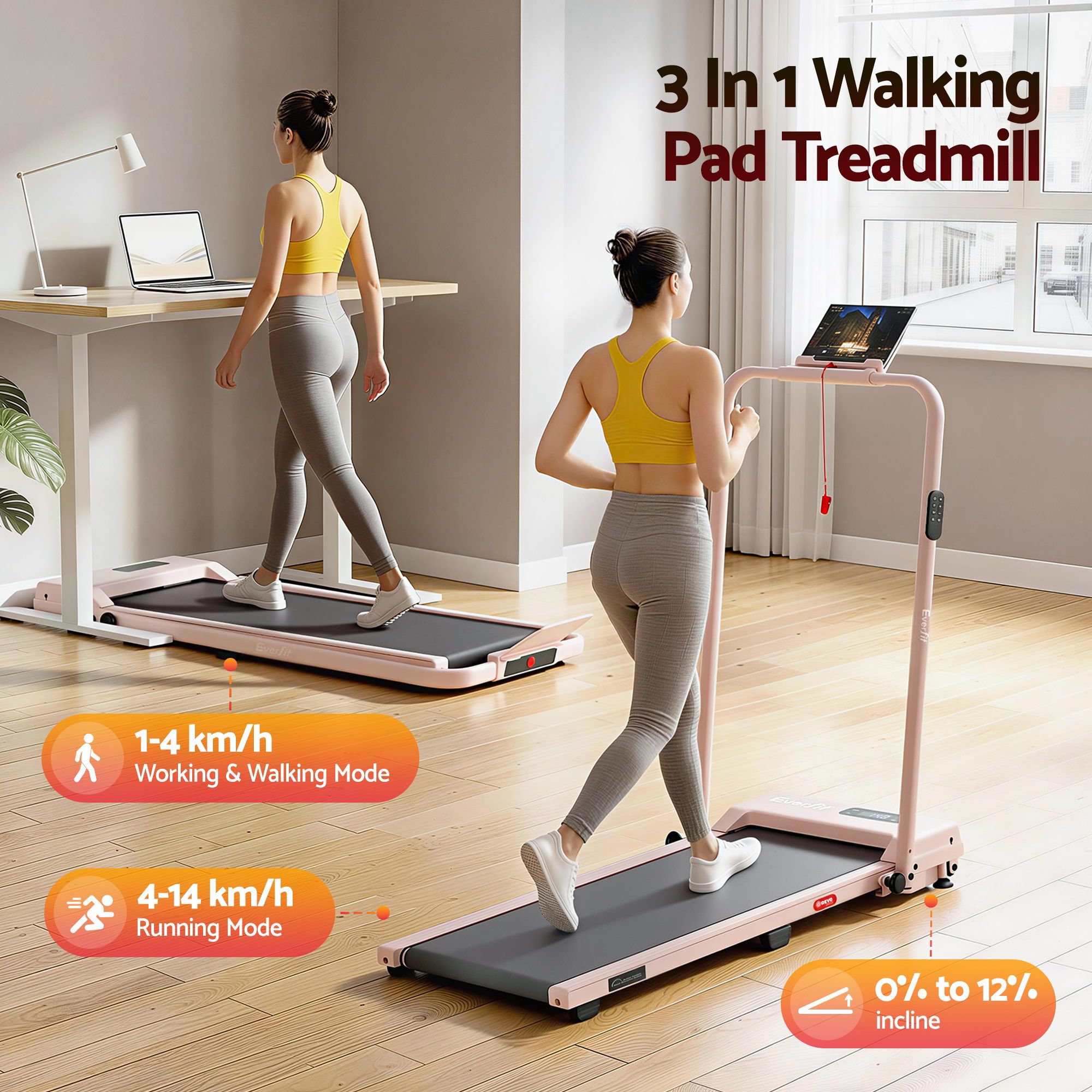 Everfit 3 in 1 Walking Pad Treadmill 12% Incline Under Desk Treadmills for Home Gym With 38cm Wide Belt APP TMILL-380H-2INC-PK