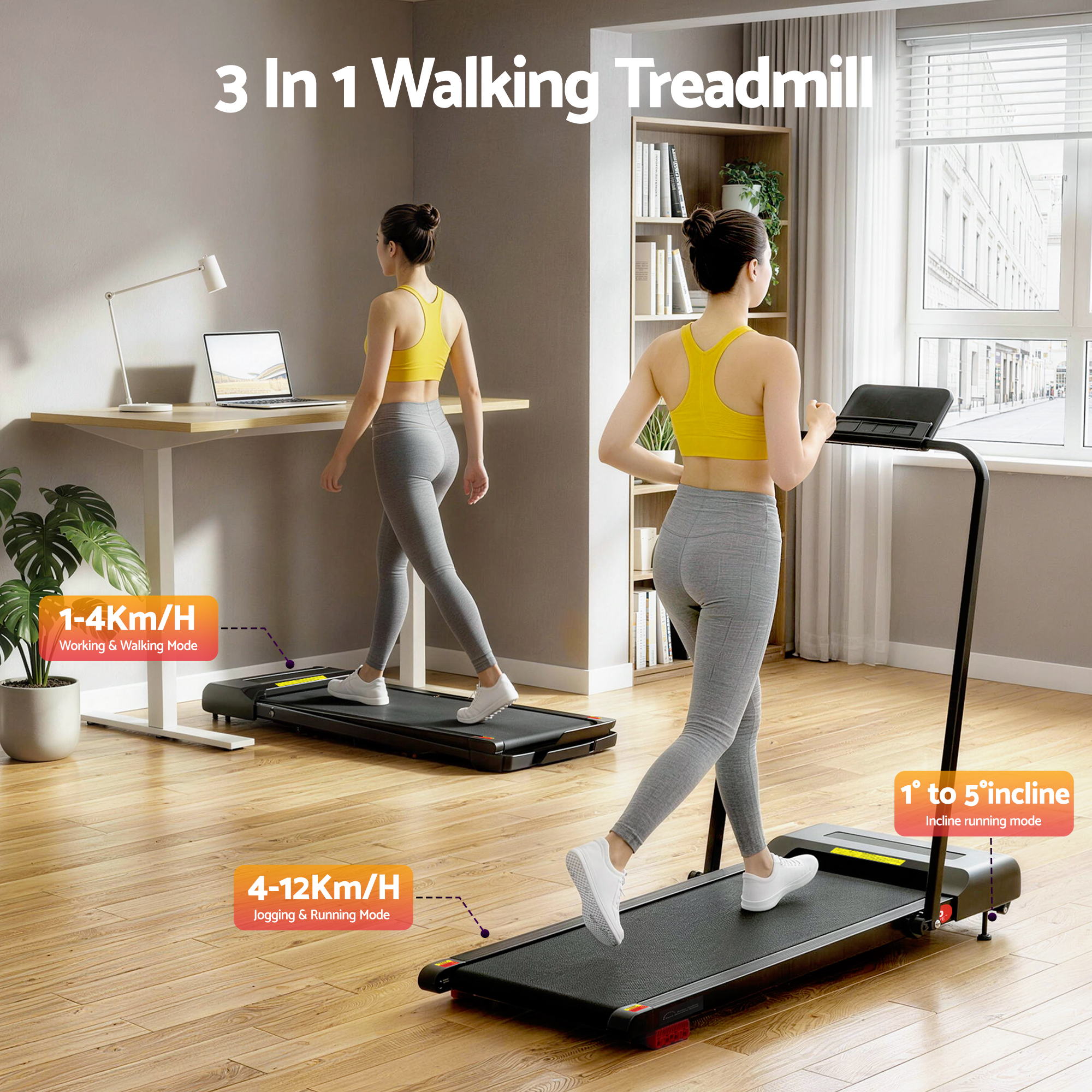 Everfit Treadmill Electric Walking Pad Incline Under Desk 380mm Black