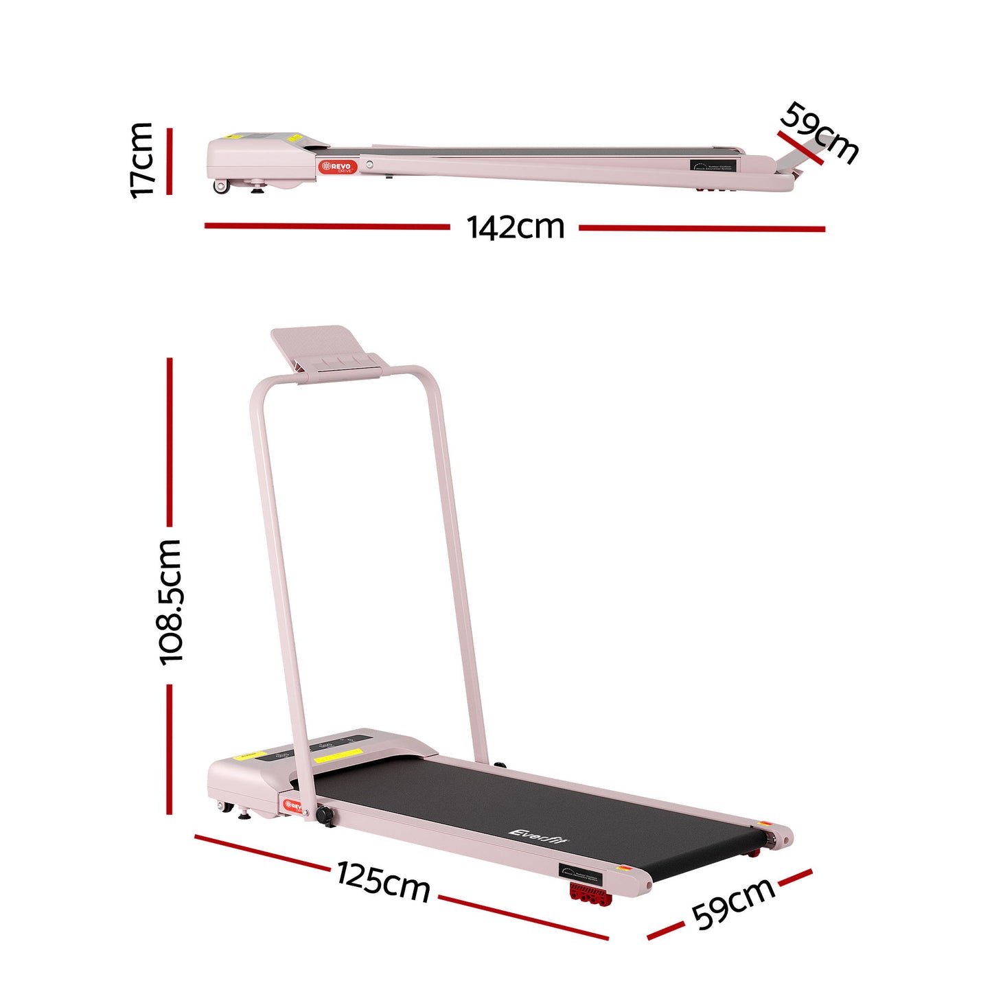 Everfit Treadmill Electric Walking Pad Incline Under Desk 380mm Pink TMILL-380H-INC-PK